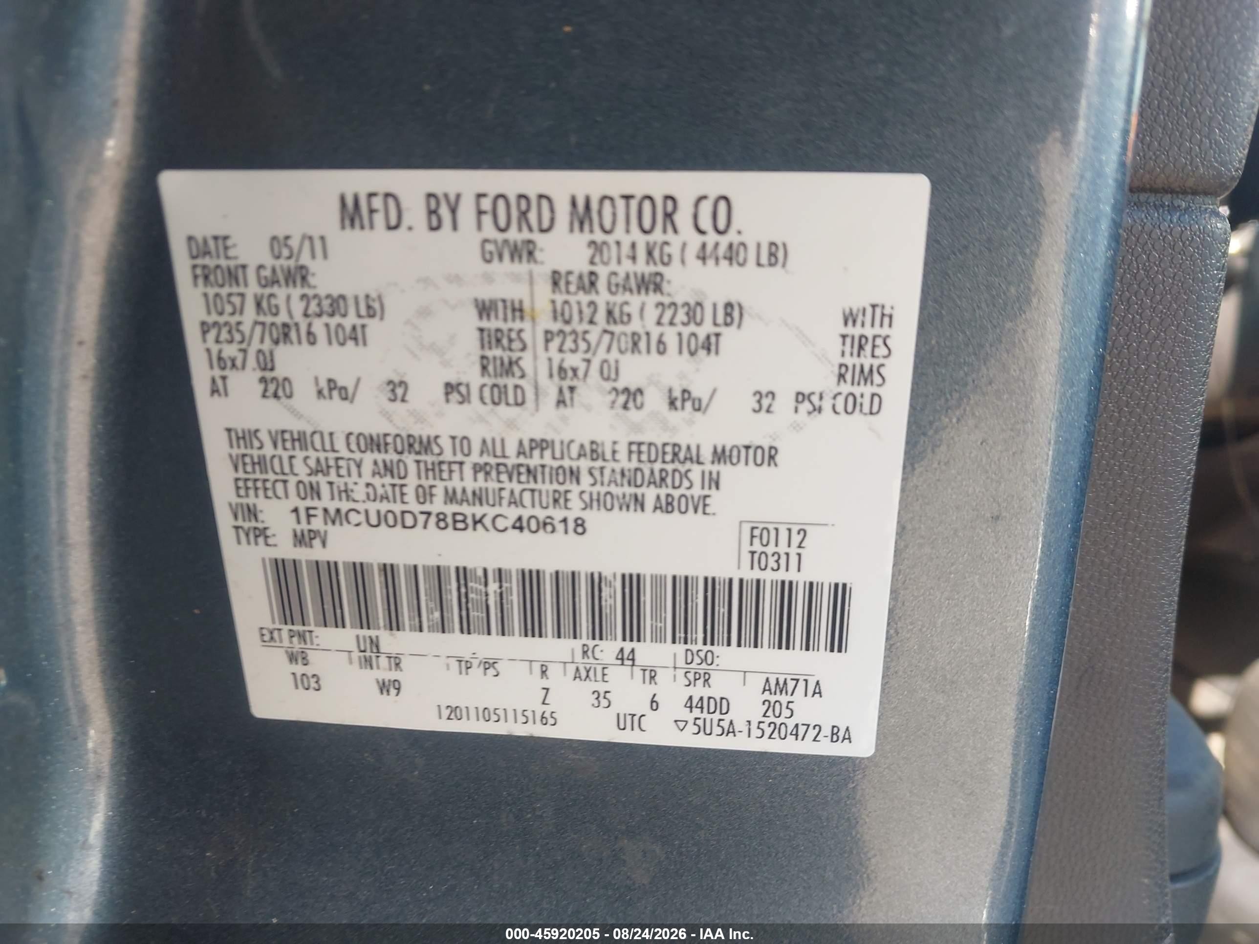 2011 Ford Escape Xlt Blue vin: 1FMCU0D78BKC40618