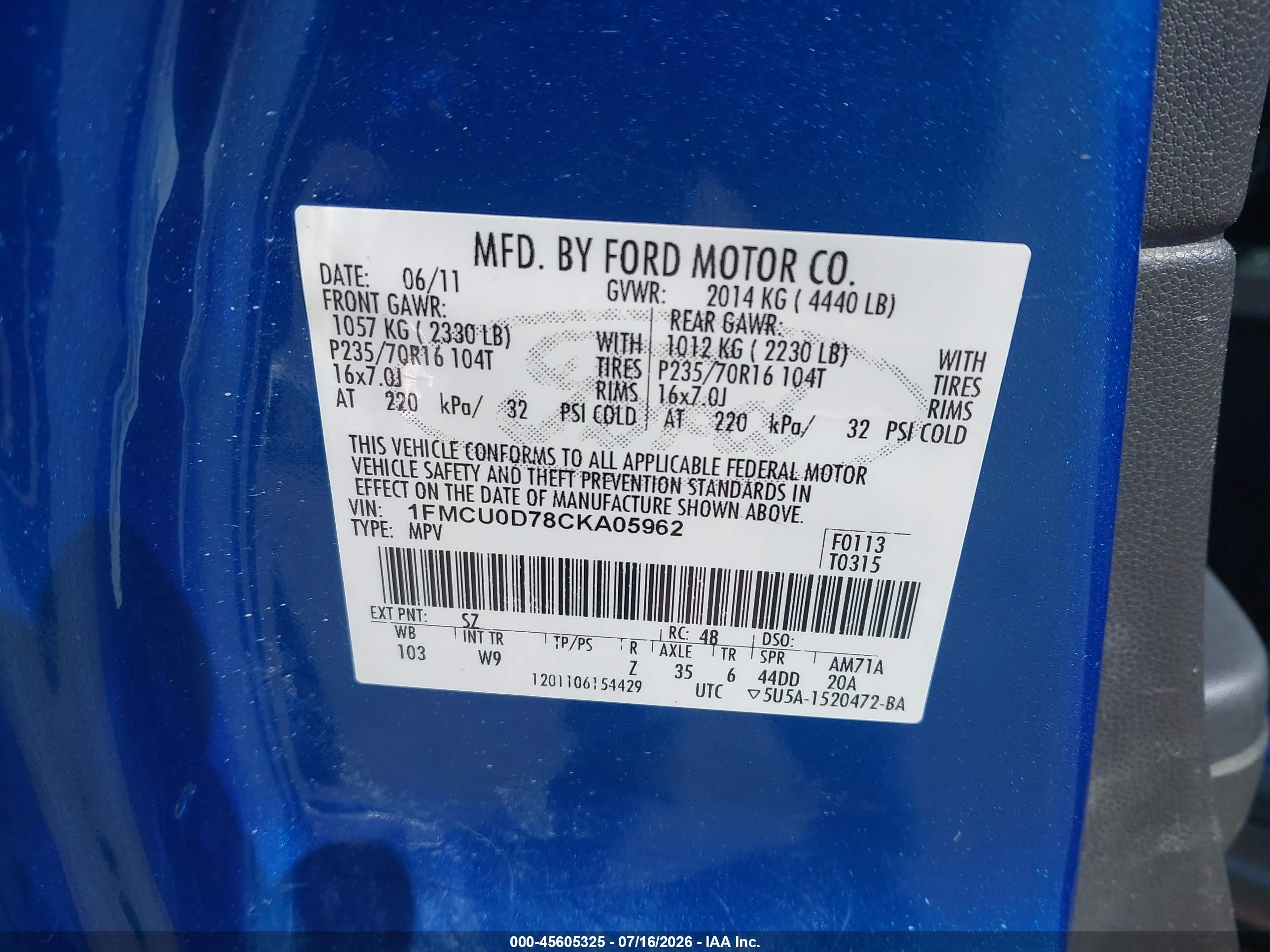 2012 Ford Escape Xlt Blue vin: 1FMCU0D78CKA05962