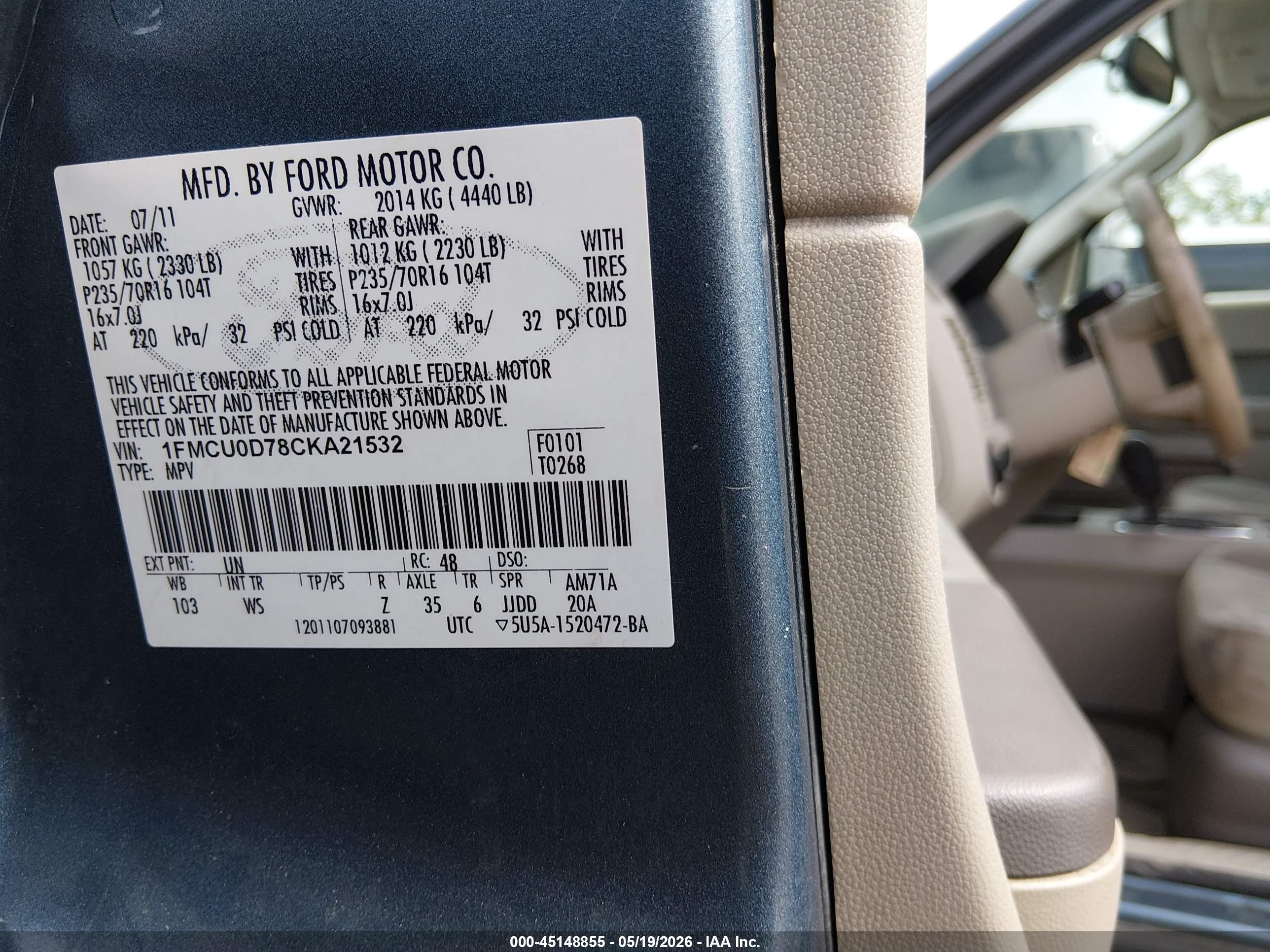2012 Ford Escape Xlt Blue vin: 1FMCU0D78CKA21532