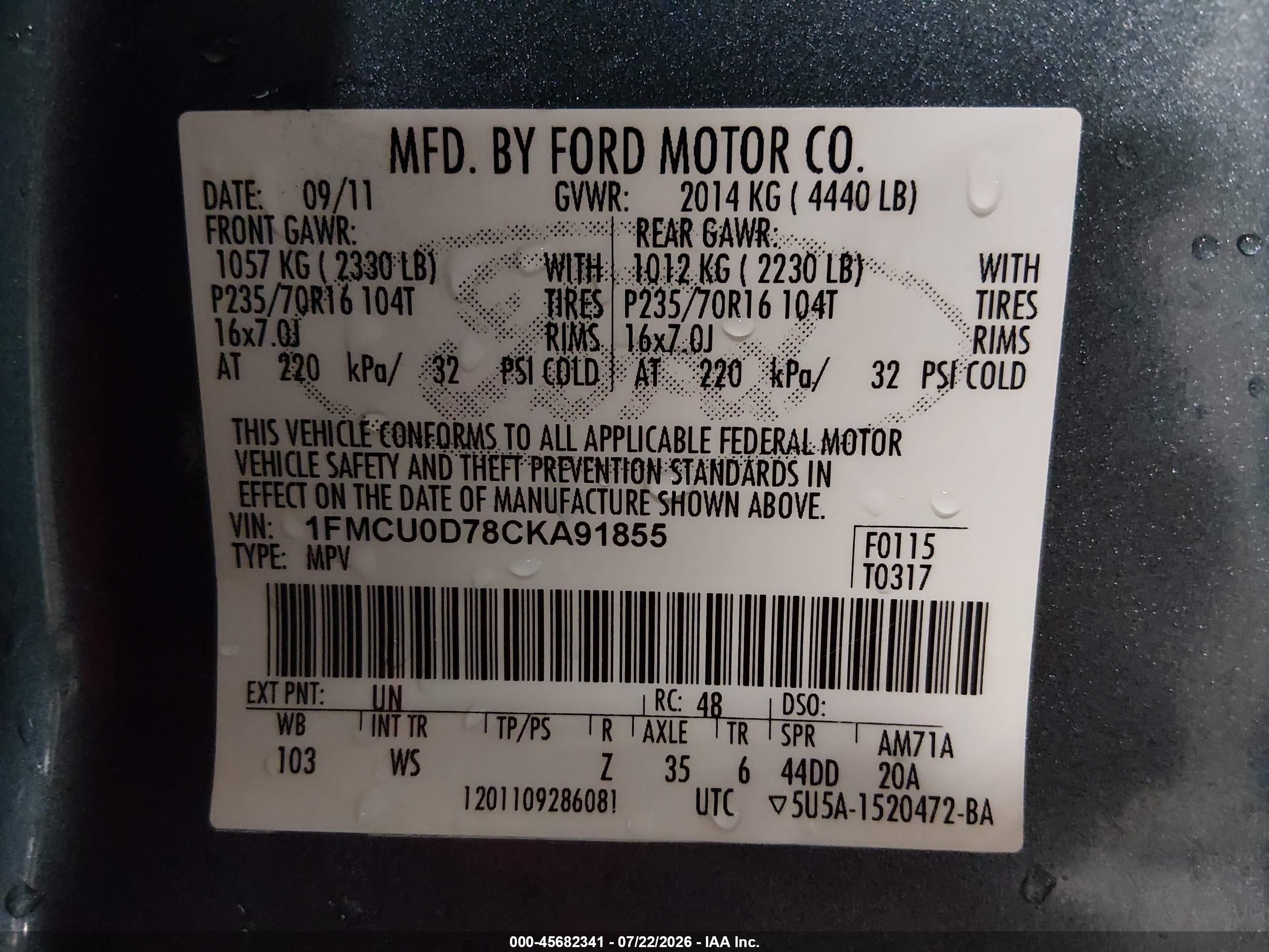 2012 Ford Escape Xlt Blue vin: 1FMCU0D78CKA91855