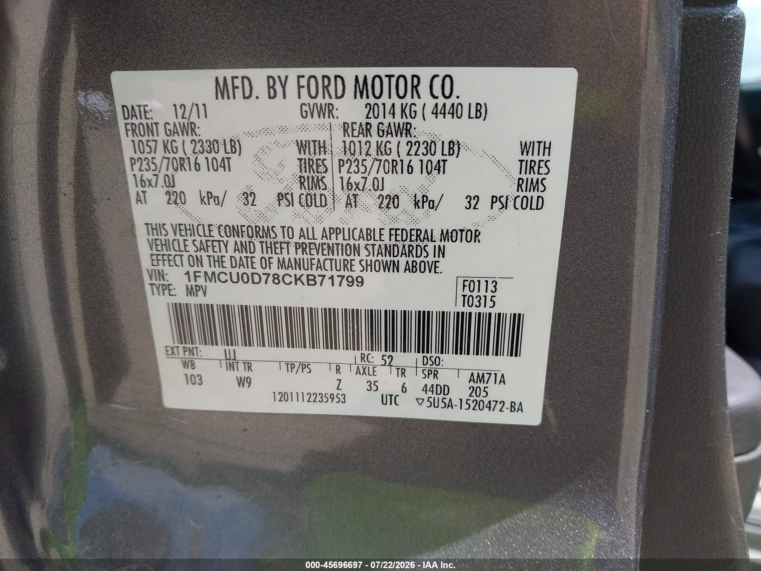 2012 Ford Escape Xlt Gray vin: 1FMCU0D78CKB71799