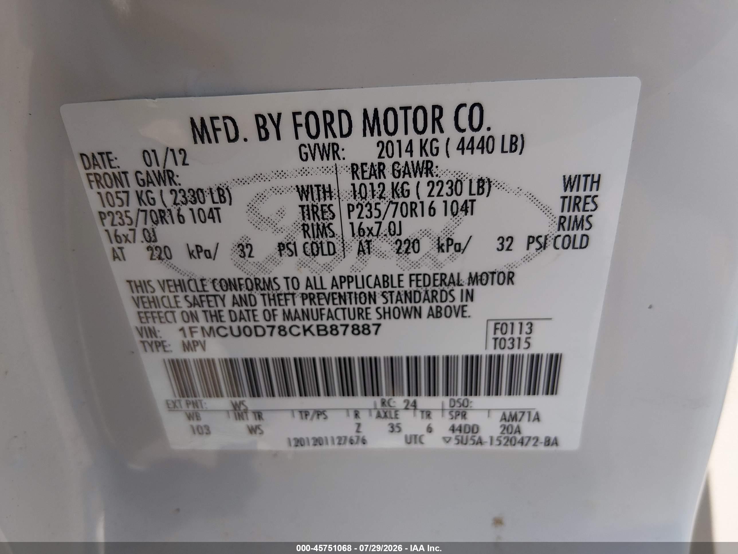 2012 Ford Escape Xlt White vin: 1FMCU0D78CKB87887