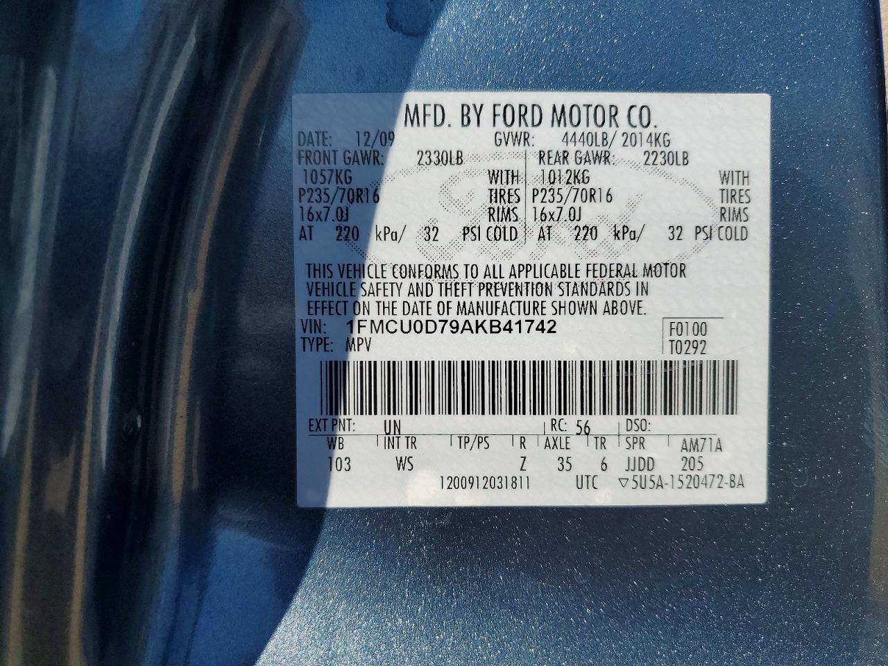 2010 Ford Escape Xlt Teal vin: 1FMCU0D79AKB41742