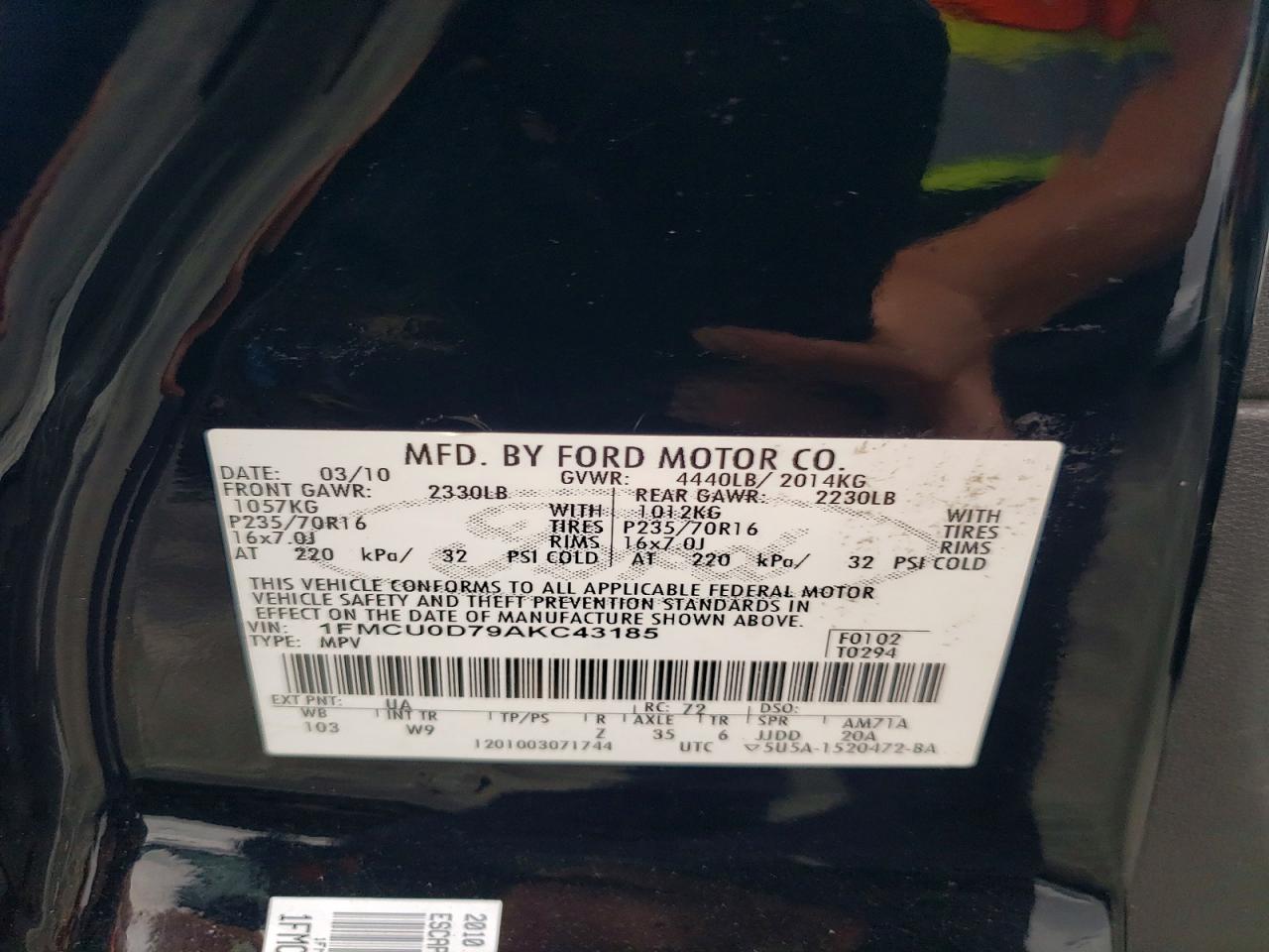 2010 Ford Escape Xlt Black vin: 1FMCU0D79AKC43185