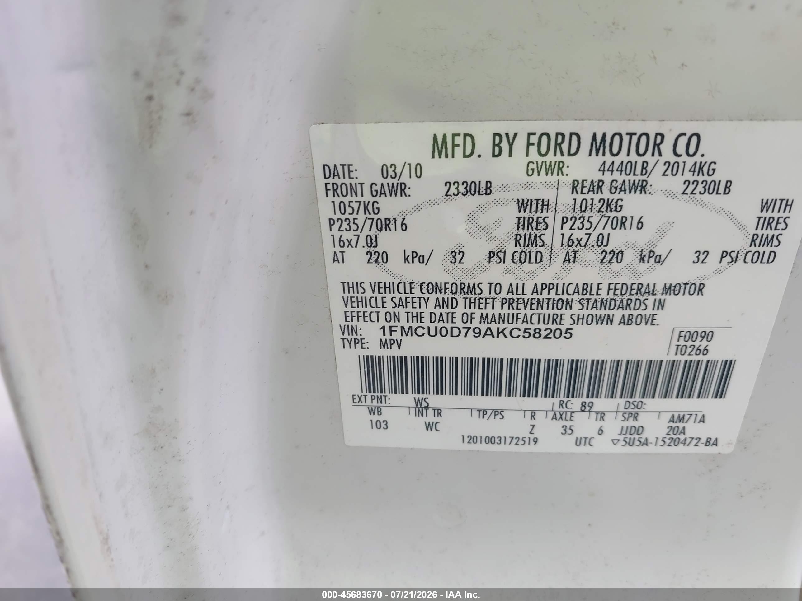 2010 Ford Escape Xlt White vin: 1FMCU0D79AKC58205