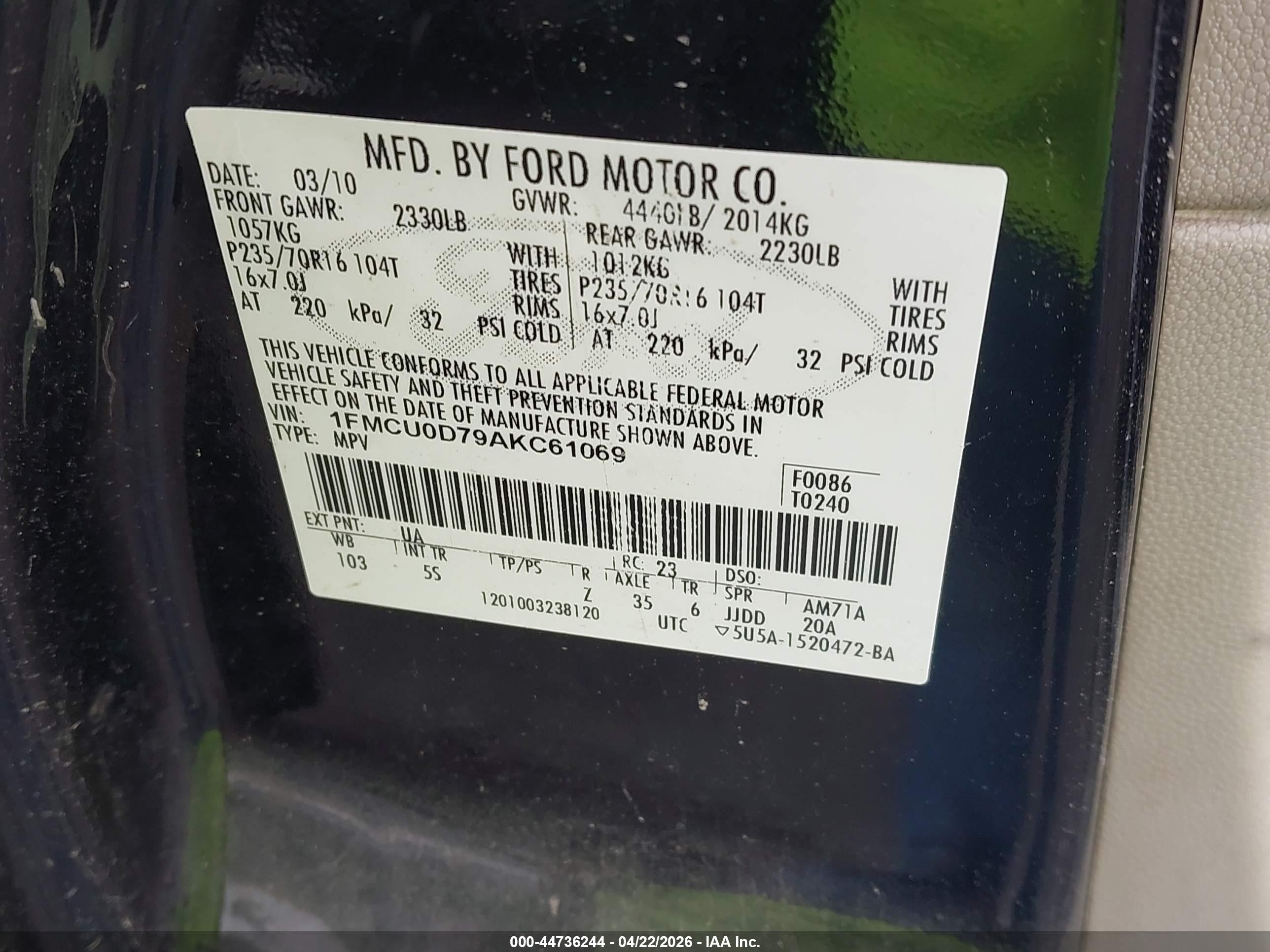 2010 Ford Escape Xlt Black vin: 1FMCU0D79AKC61069