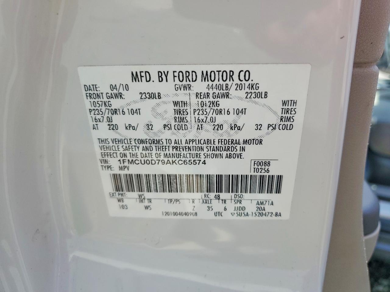 2010 Ford Escape Xlt Белый vin: 1FMCU0D79AKC65574