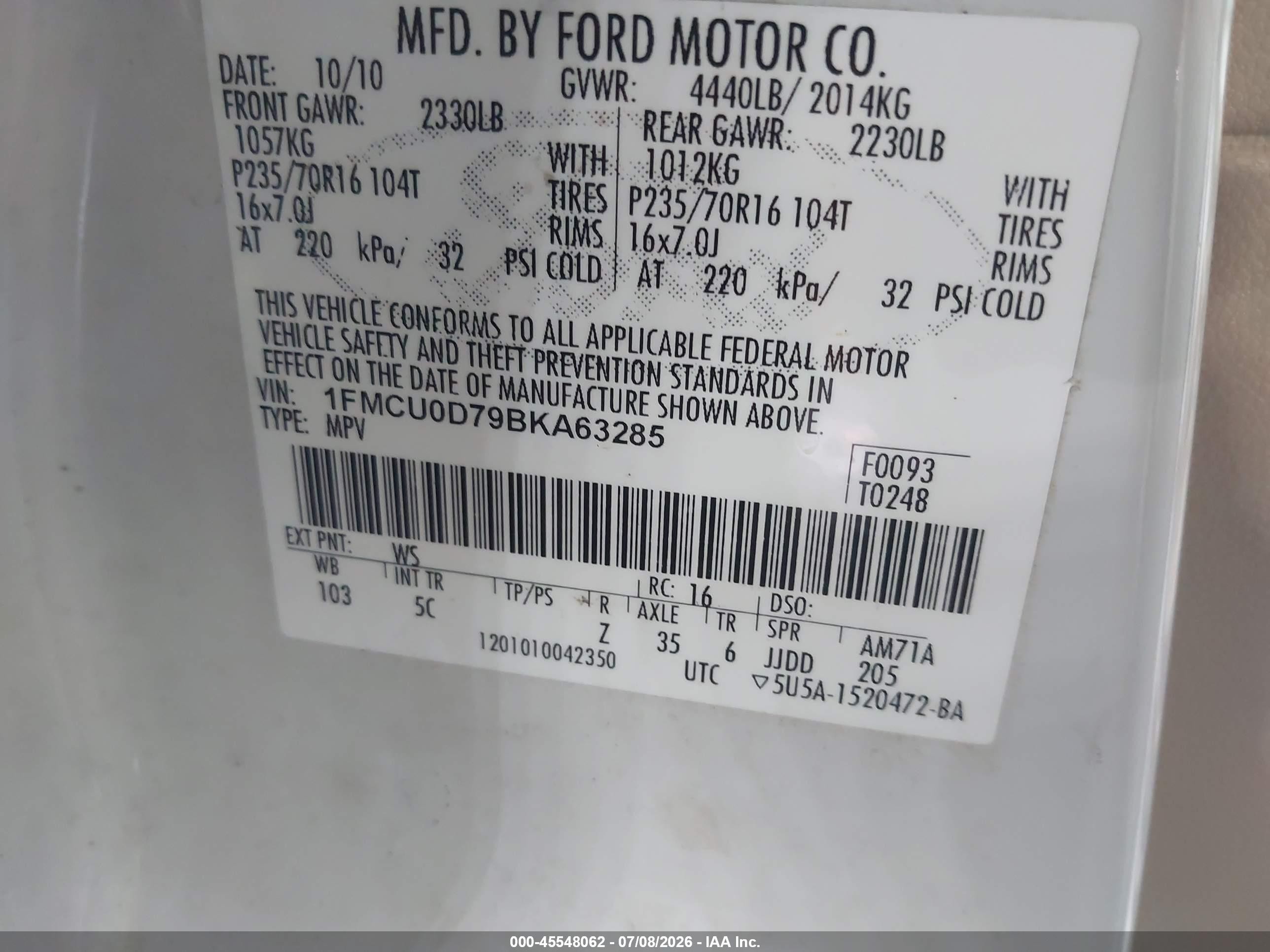 2011 Ford Escape Xlt White vin: 1FMCU0D79BKA63285