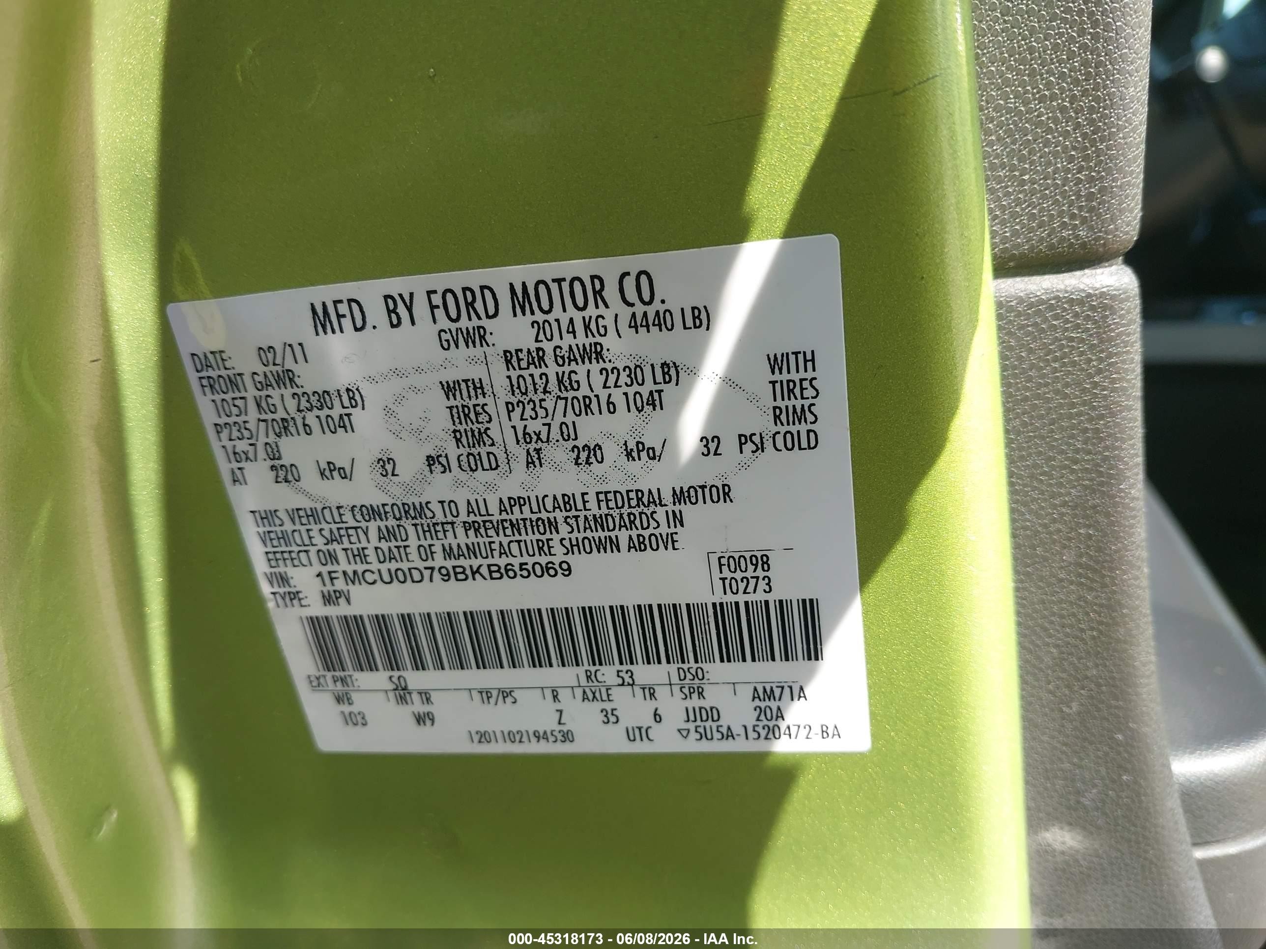 2011 Ford Escape Xlt Green vin: 1FMCU0D79BKB65069