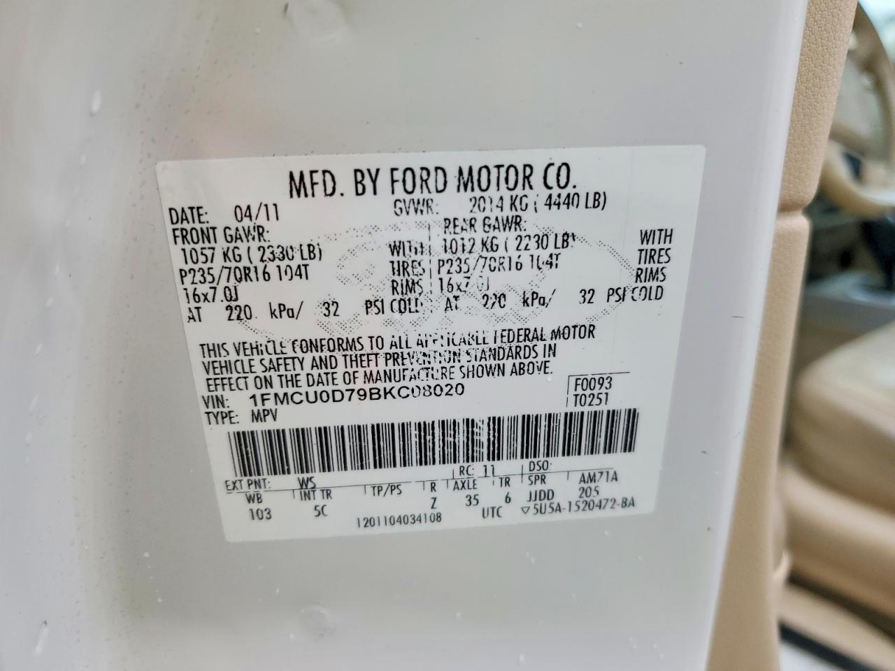 2011 Ford Escape Xlt White vin: 1FMCU0D79BKC08020