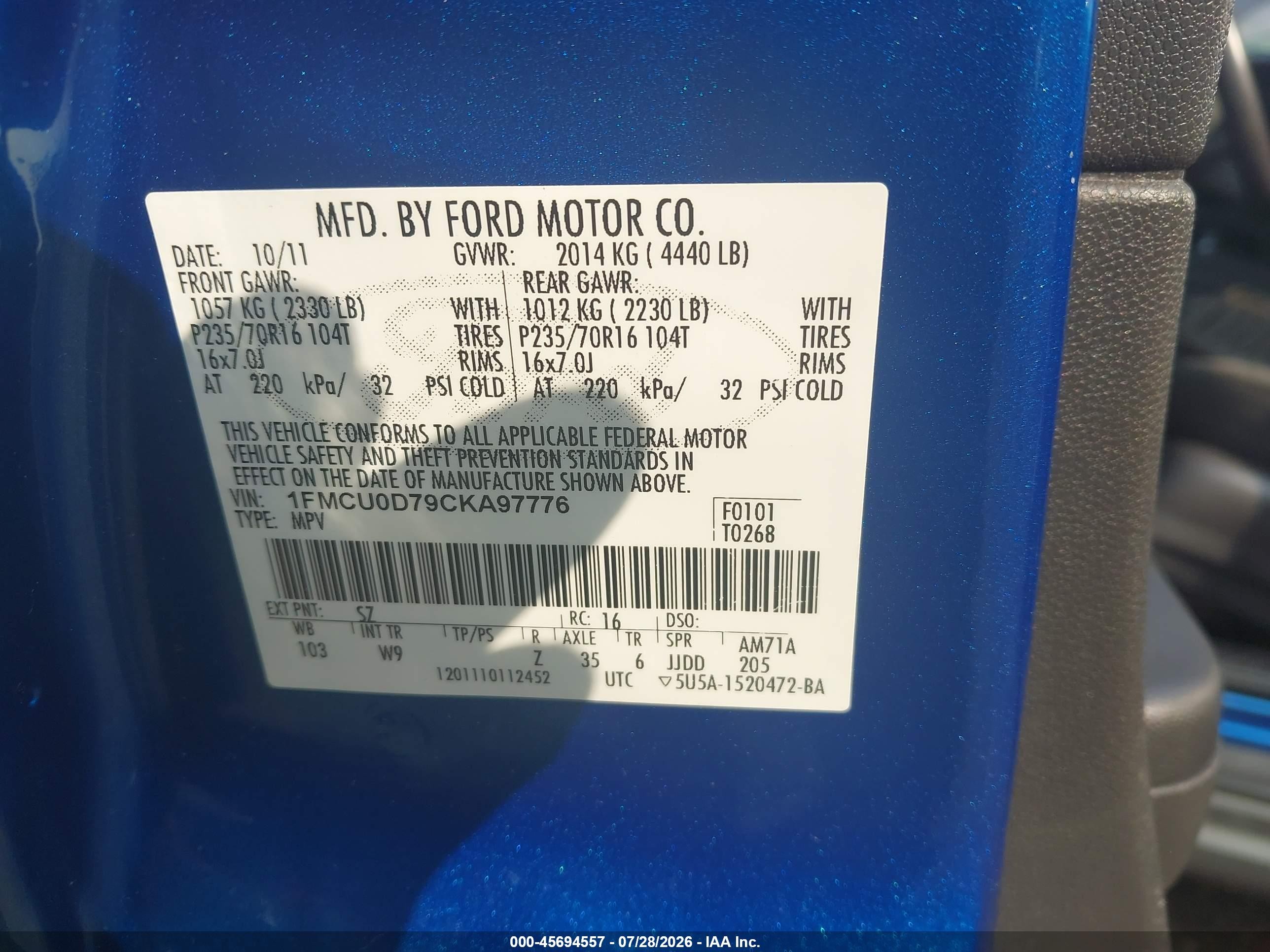 2012 Ford Escape Xlt Blue vin: 1FMCU0D79CKA97776