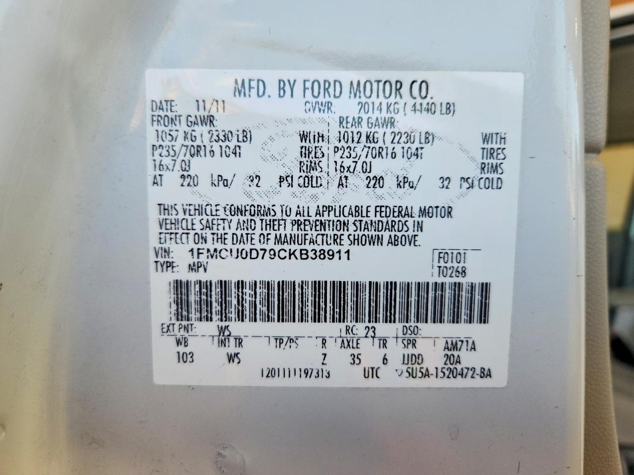 2012 Ford Escape Xlt Белый vin: 1FMCU0D79CKB38911