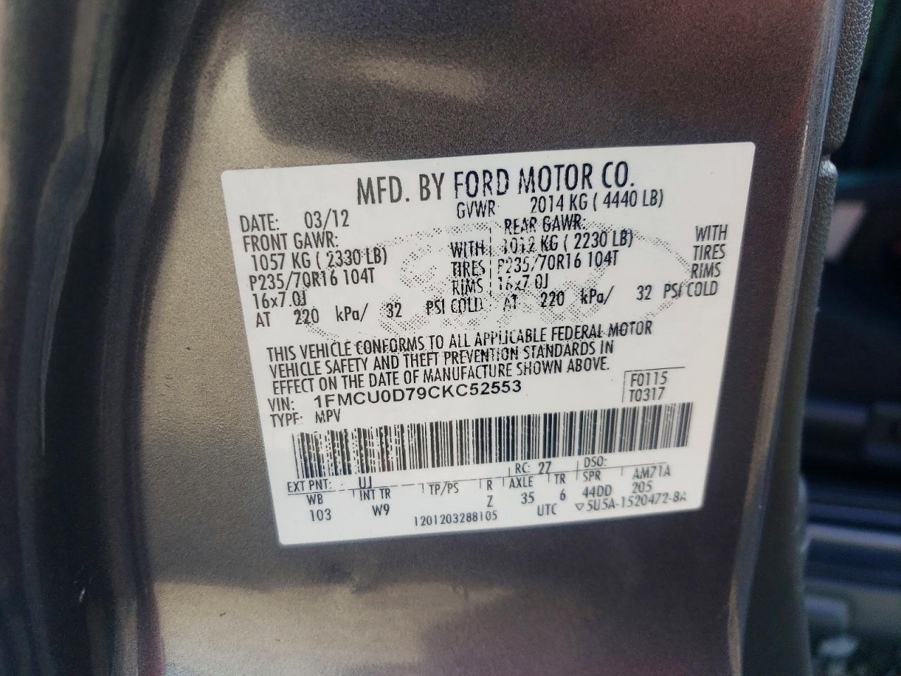 2012 Ford Escape Xlt Серый vin: 1FMCU0D79CKC52553