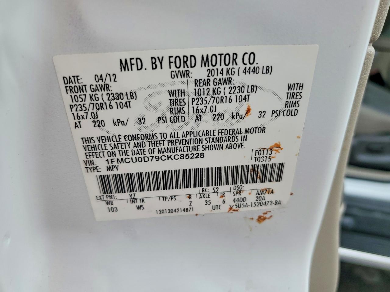 2012 Ford Escape Xlt White vin: 1FMCU0D79CKC85228