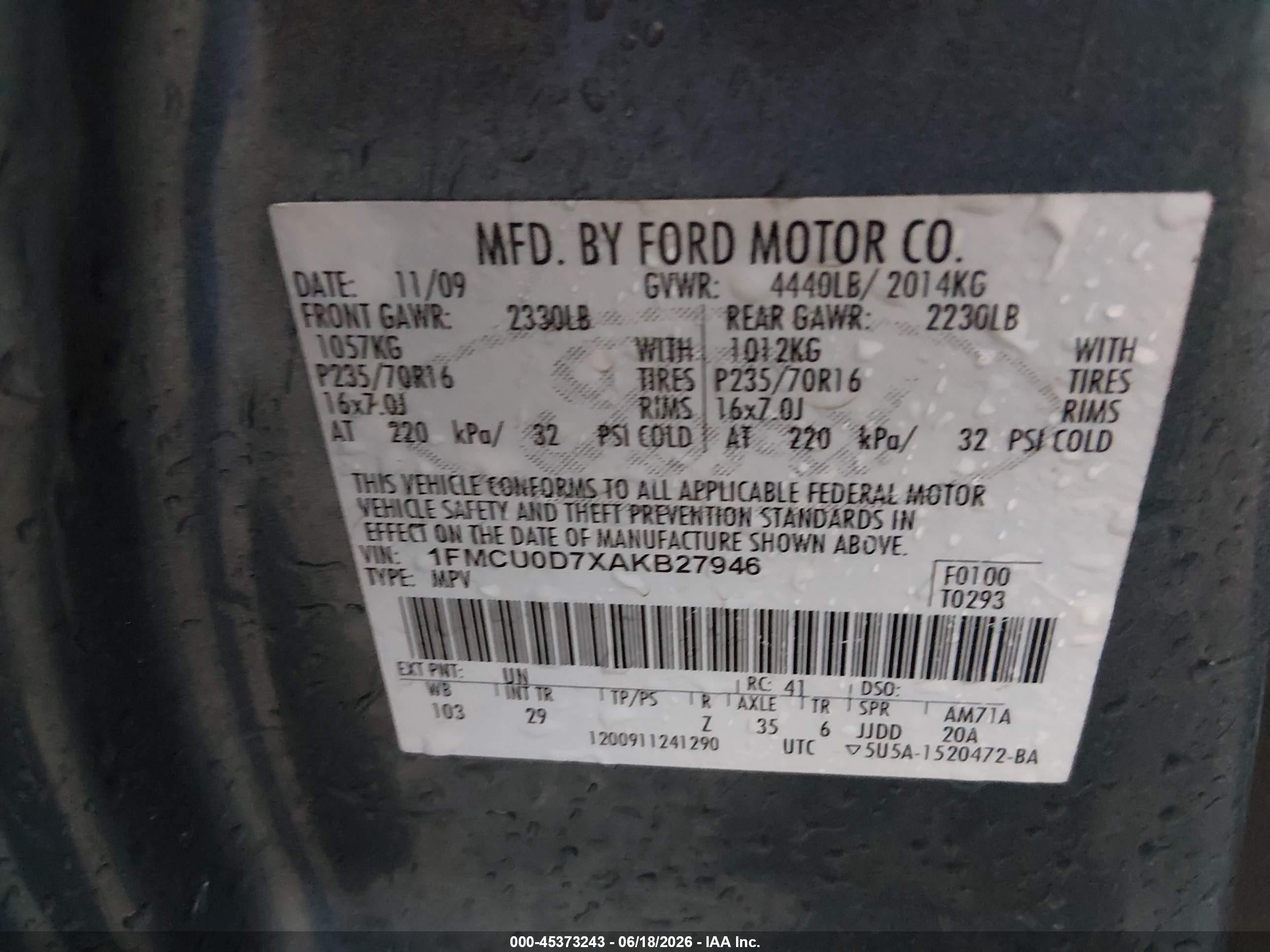 2010 Ford Escape Xlt Blue vin: 1FMCU0D7XAKB27946