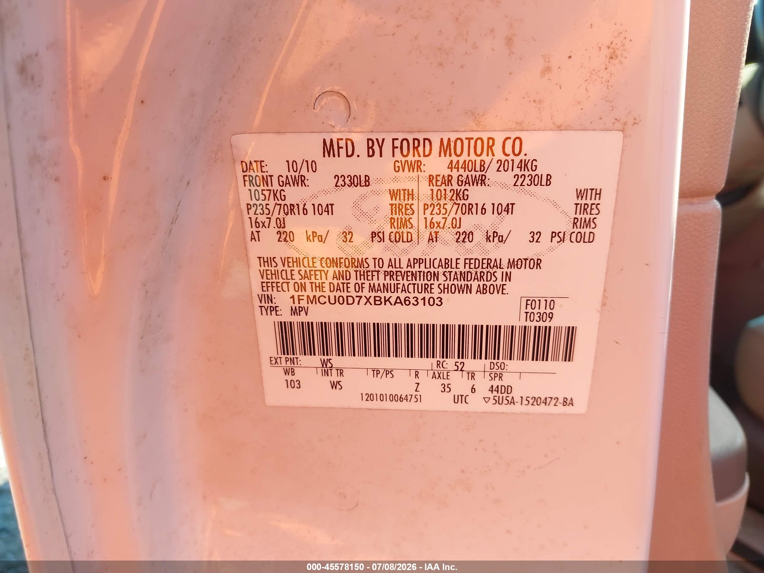 2011 Ford Escape Xlt White vin: 1FMCU0D7XBKA63103