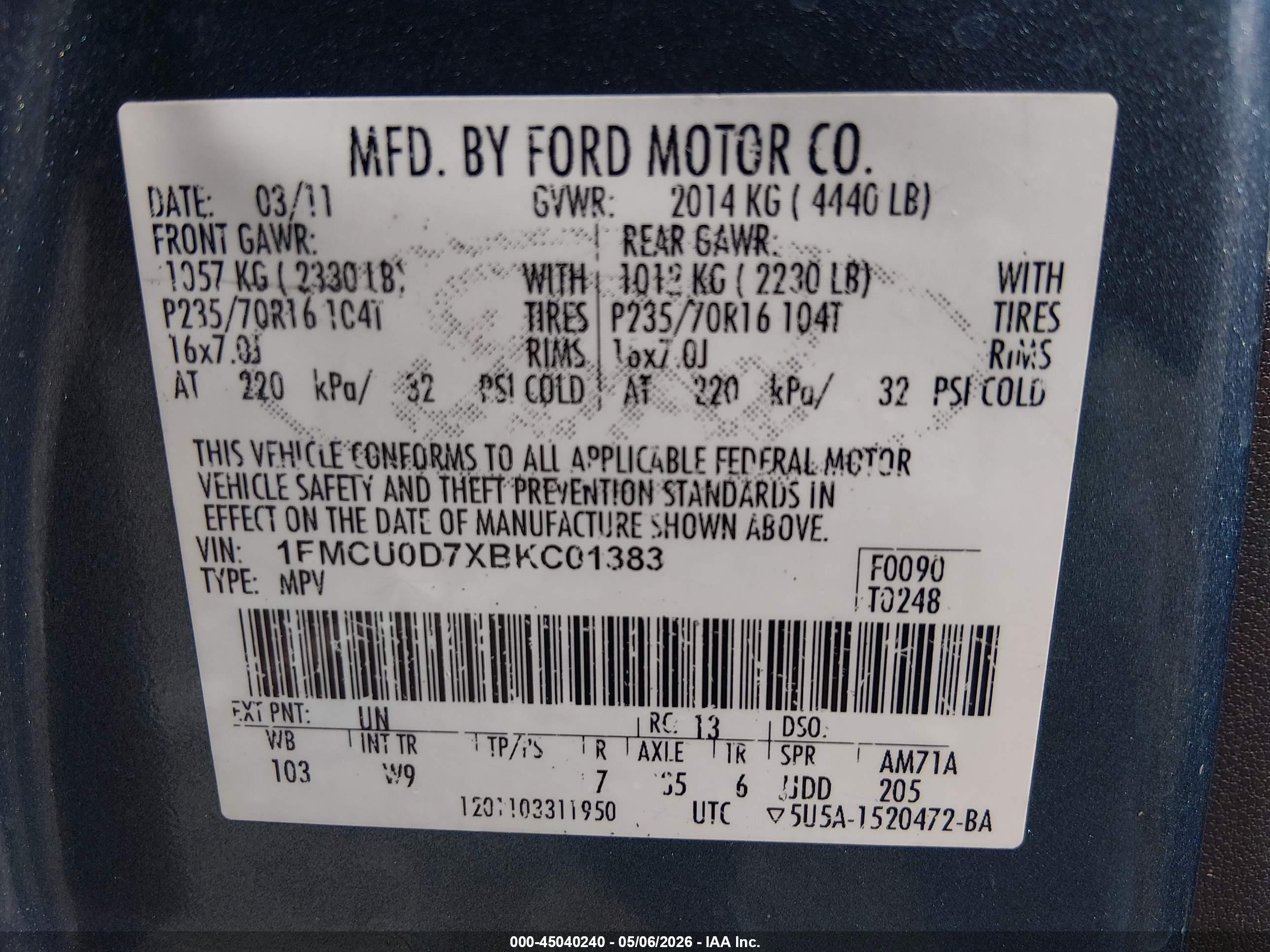 2011 Ford Escape Xlt Gray vin: 1FMCU0D7XBKC01383