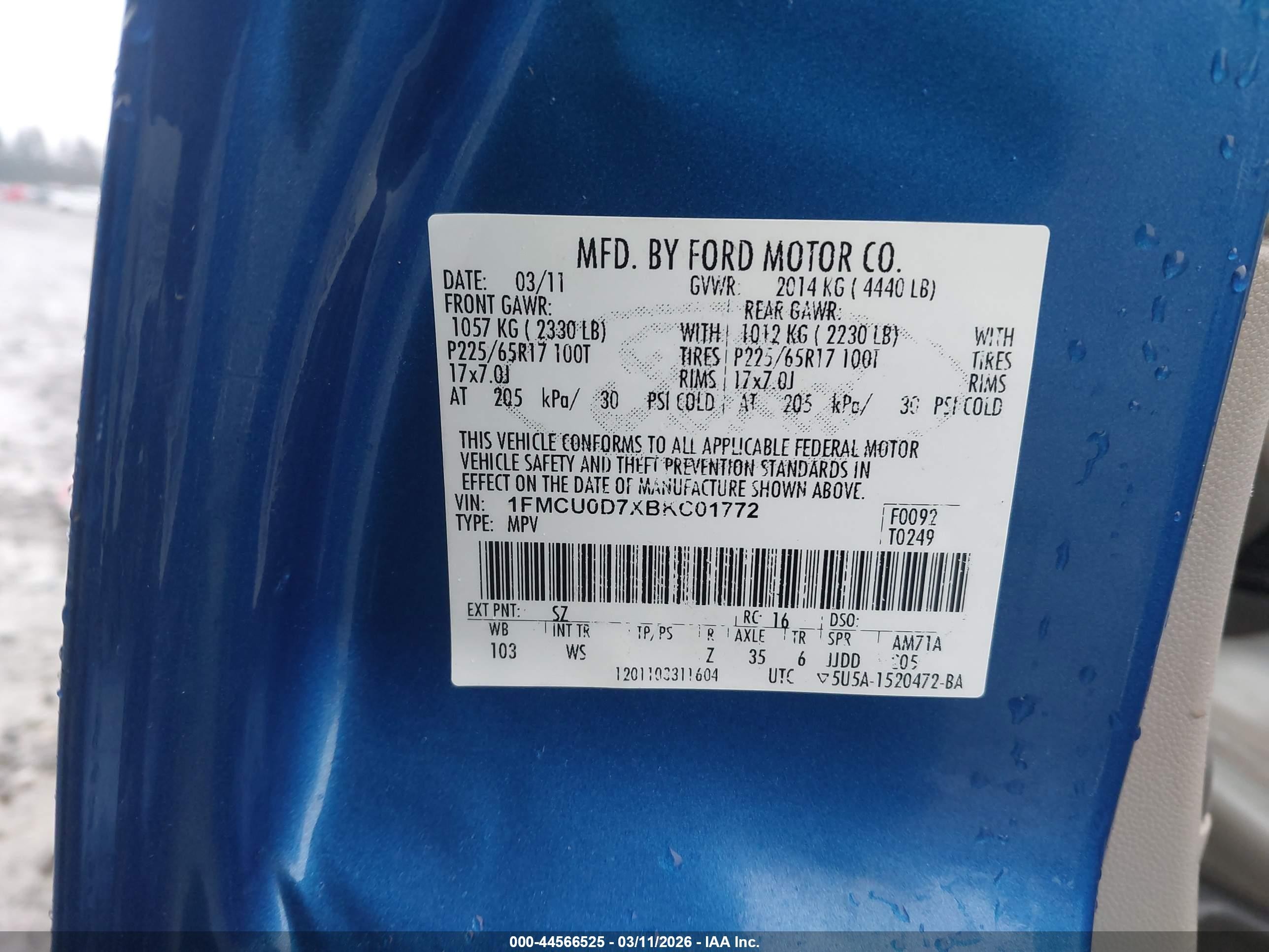 2011 Ford Escape Xlt Blue vin: 1FMCU0D7XBKC01772