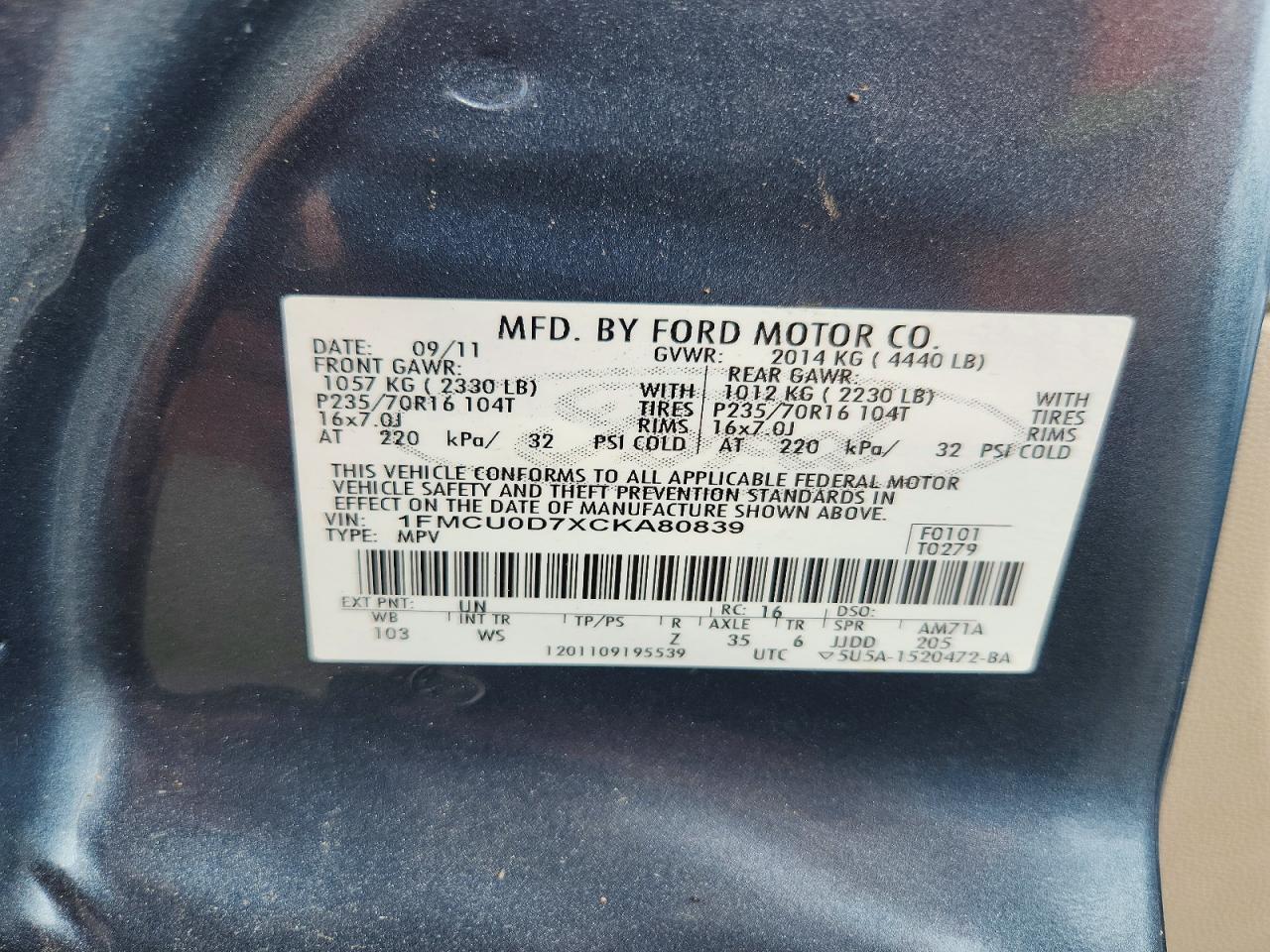 2012 Ford Escape Xlt Blue vin: 1FMCU0D7XCKA80839