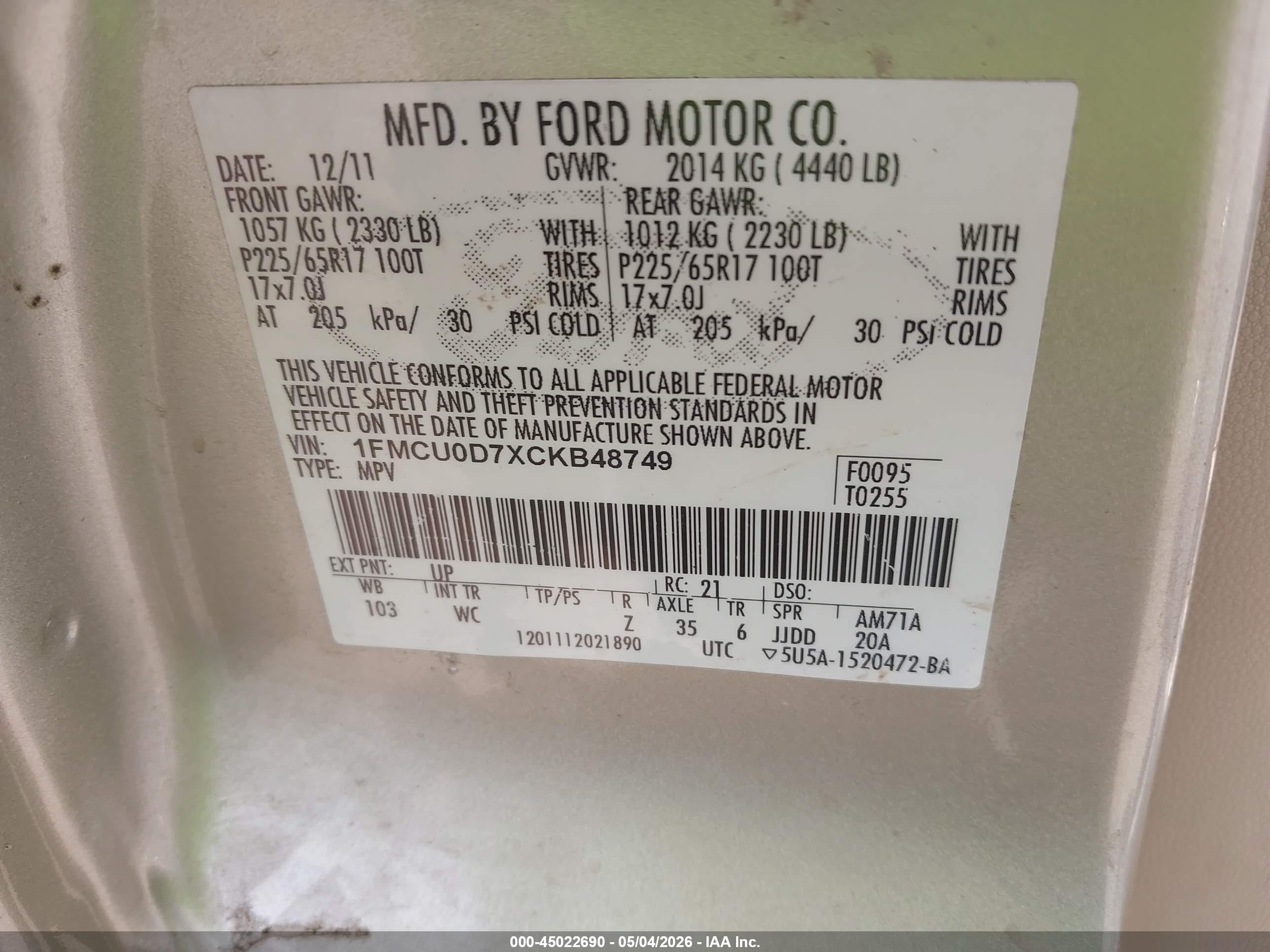 2012 Ford Escape Xlt Золотой vin: 1FMCU0D7XCKB48749
