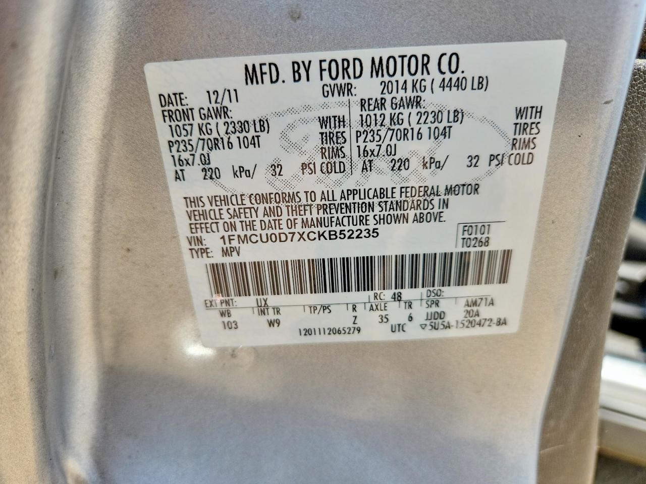2012 Ford Escape Xlt Silver vin: 1FMCU0D7XCKB52235