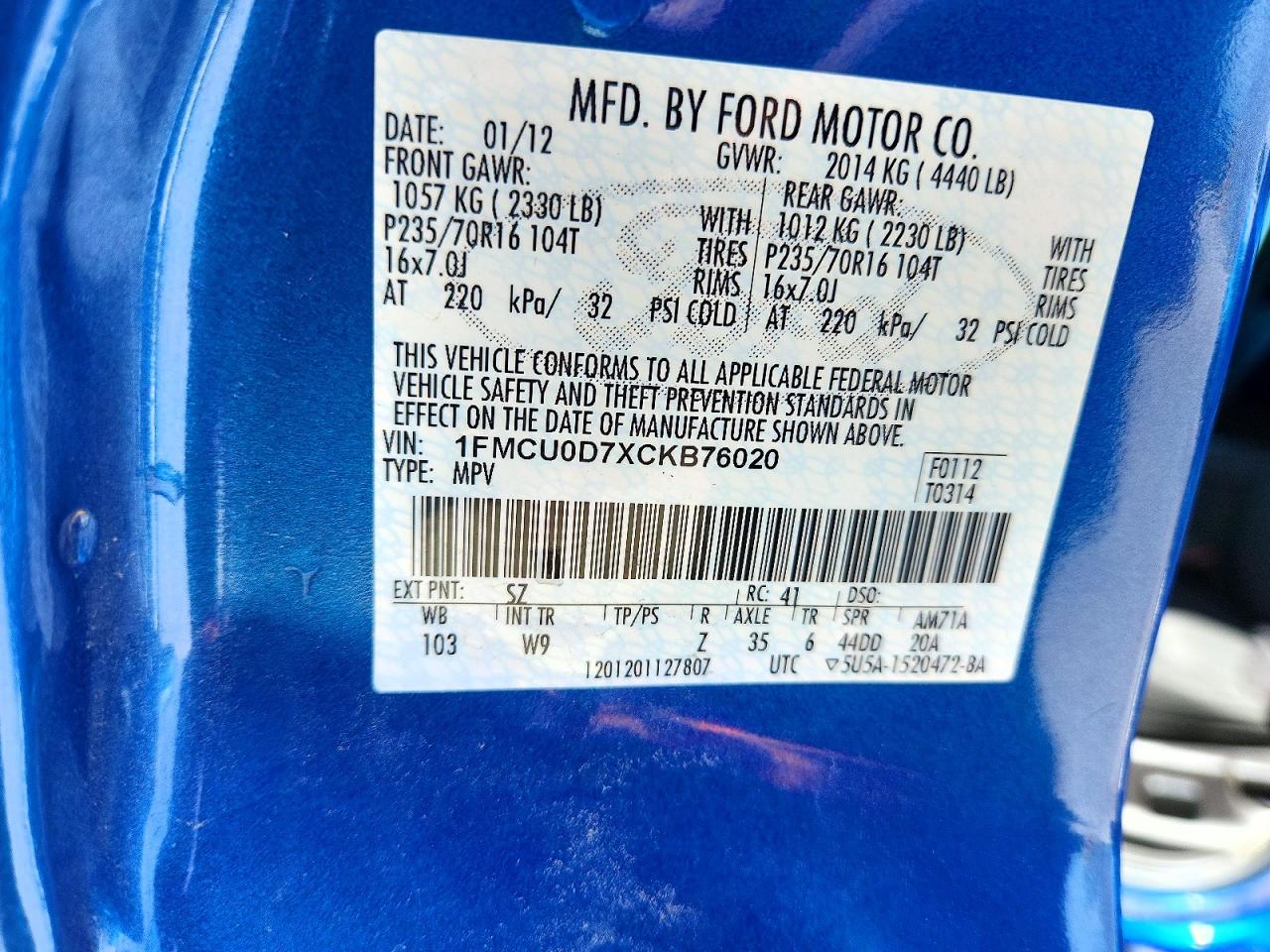 2012 Ford Escape Xlt Blue vin: 1FMCU0D7XCKB76020