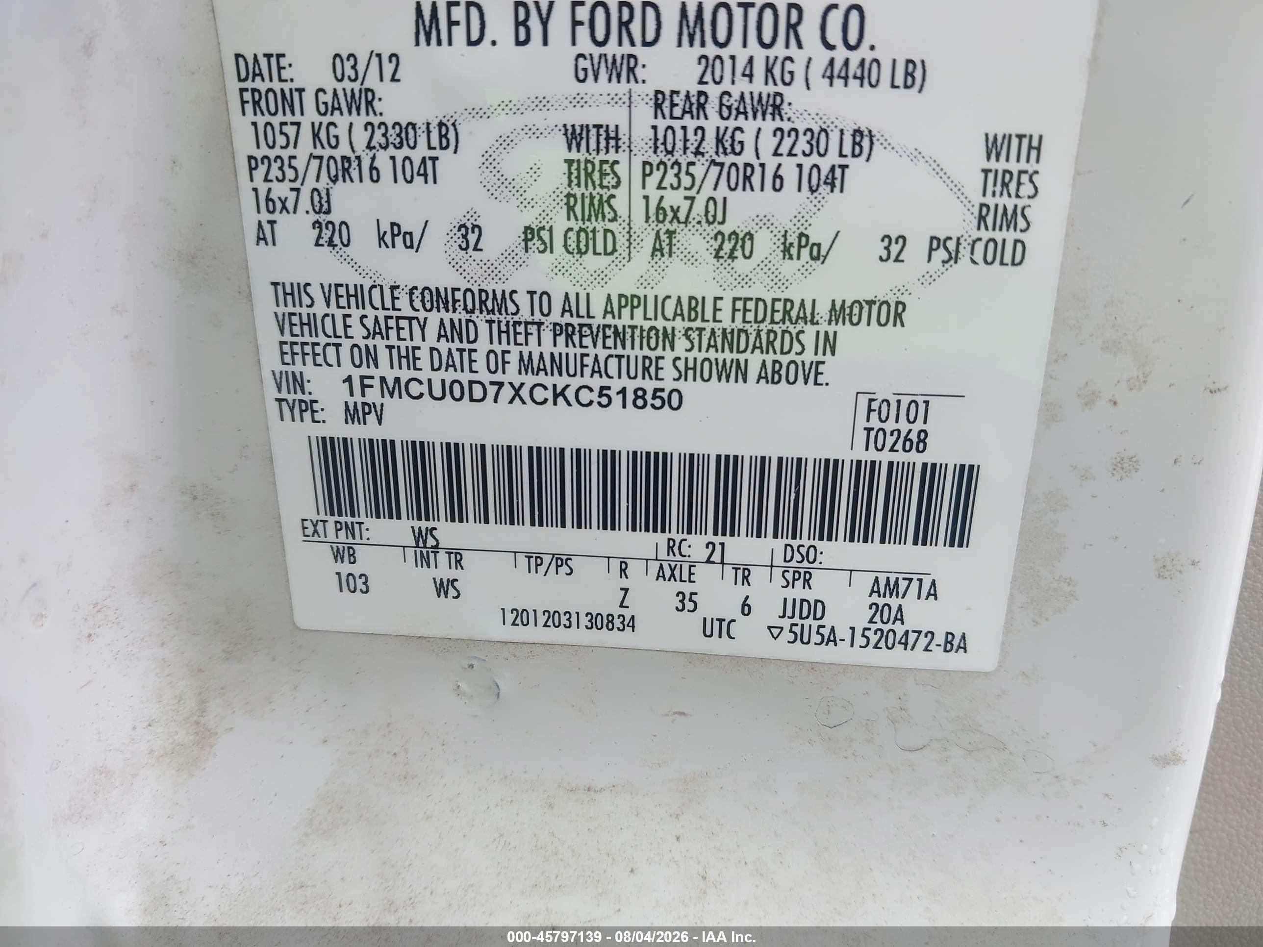 2012 Ford Escape Xlt White vin: 1FMCU0D7XCKC51850