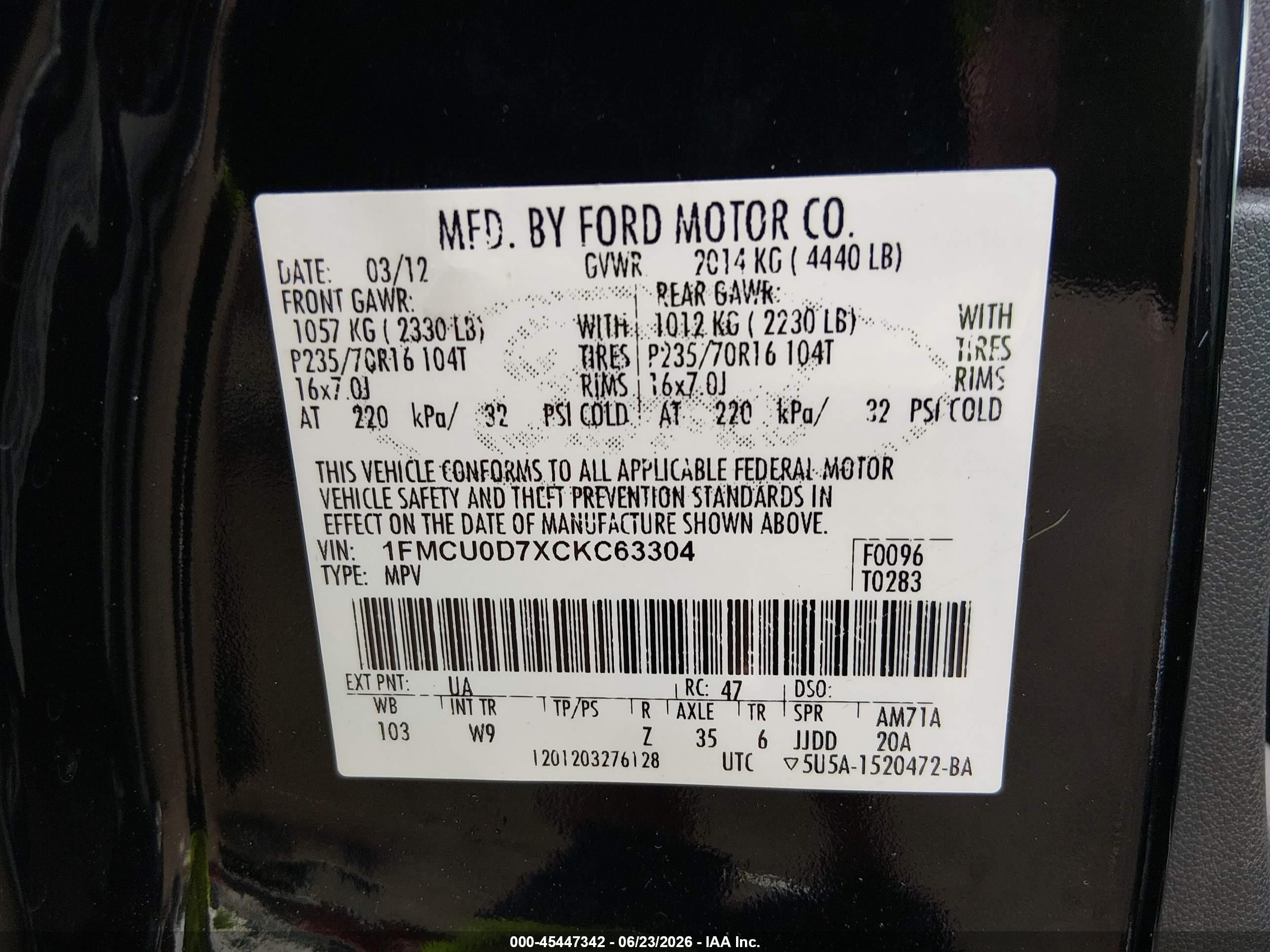 2012 Ford Escape Xlt Black vin: 1FMCU0D7XCKC63304