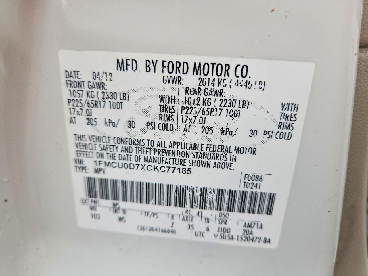 2012 Ford Escape Xlt White vin: 1FMCU0D7XCKC77185