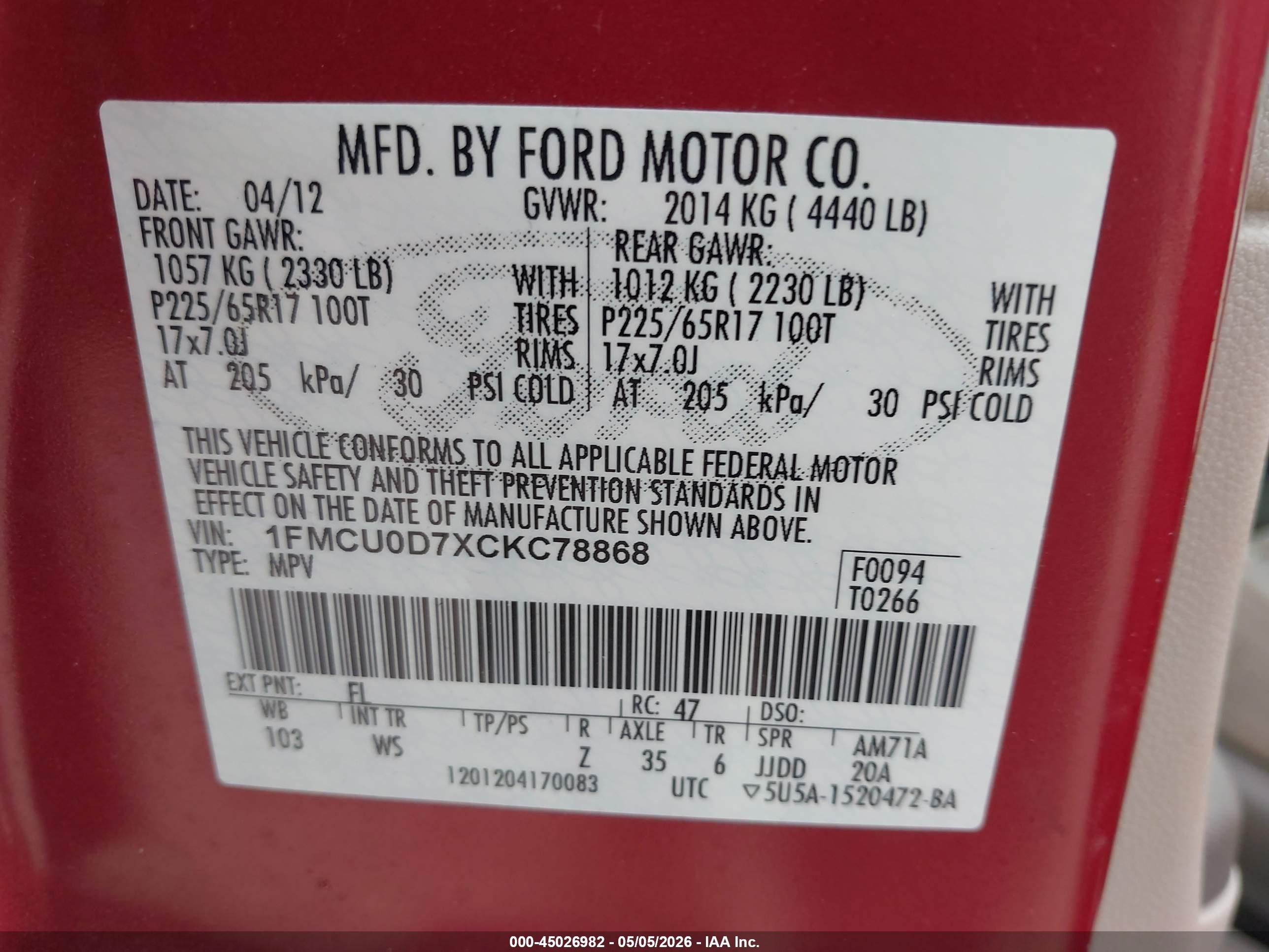 2012 Ford Escape Xlt Red vin: 1FMCU0D7XCKC78868