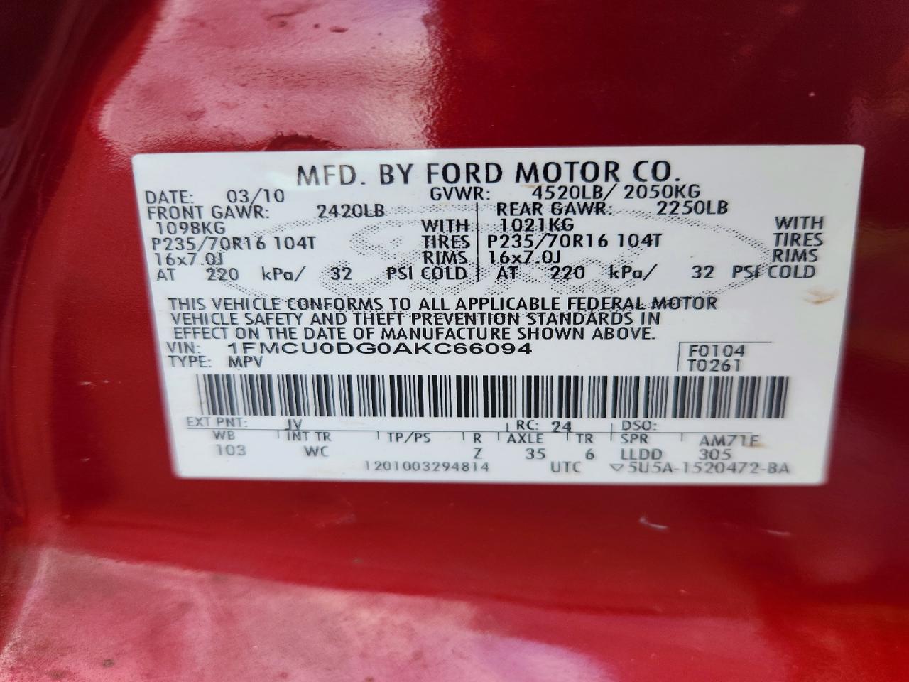 2010 Ford Escape Xlt Red vin: 1FMCU0DG0AKC66094