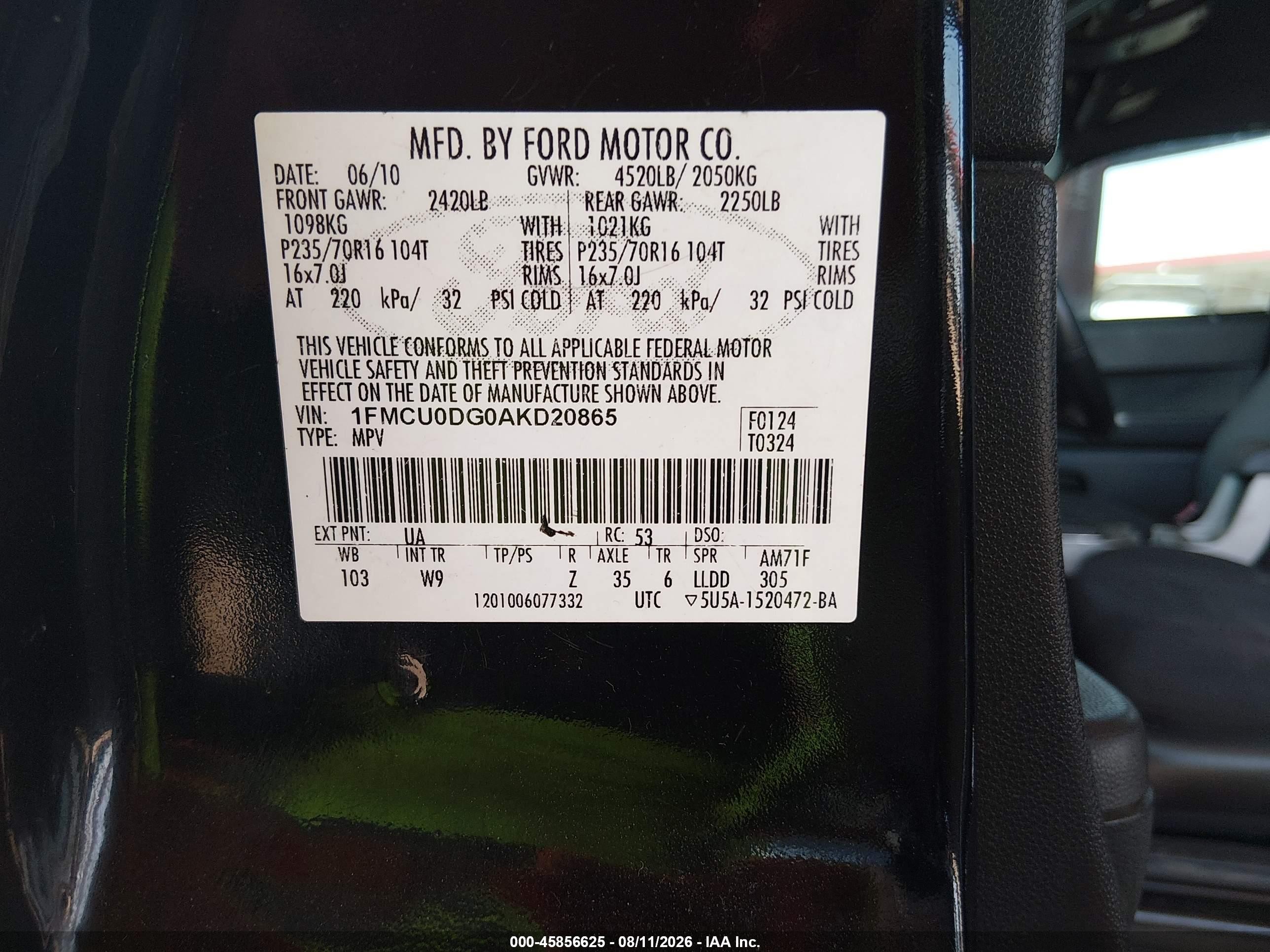 2010 Ford Escape Xlt Black vin: 1FMCU0DG0AKD20865