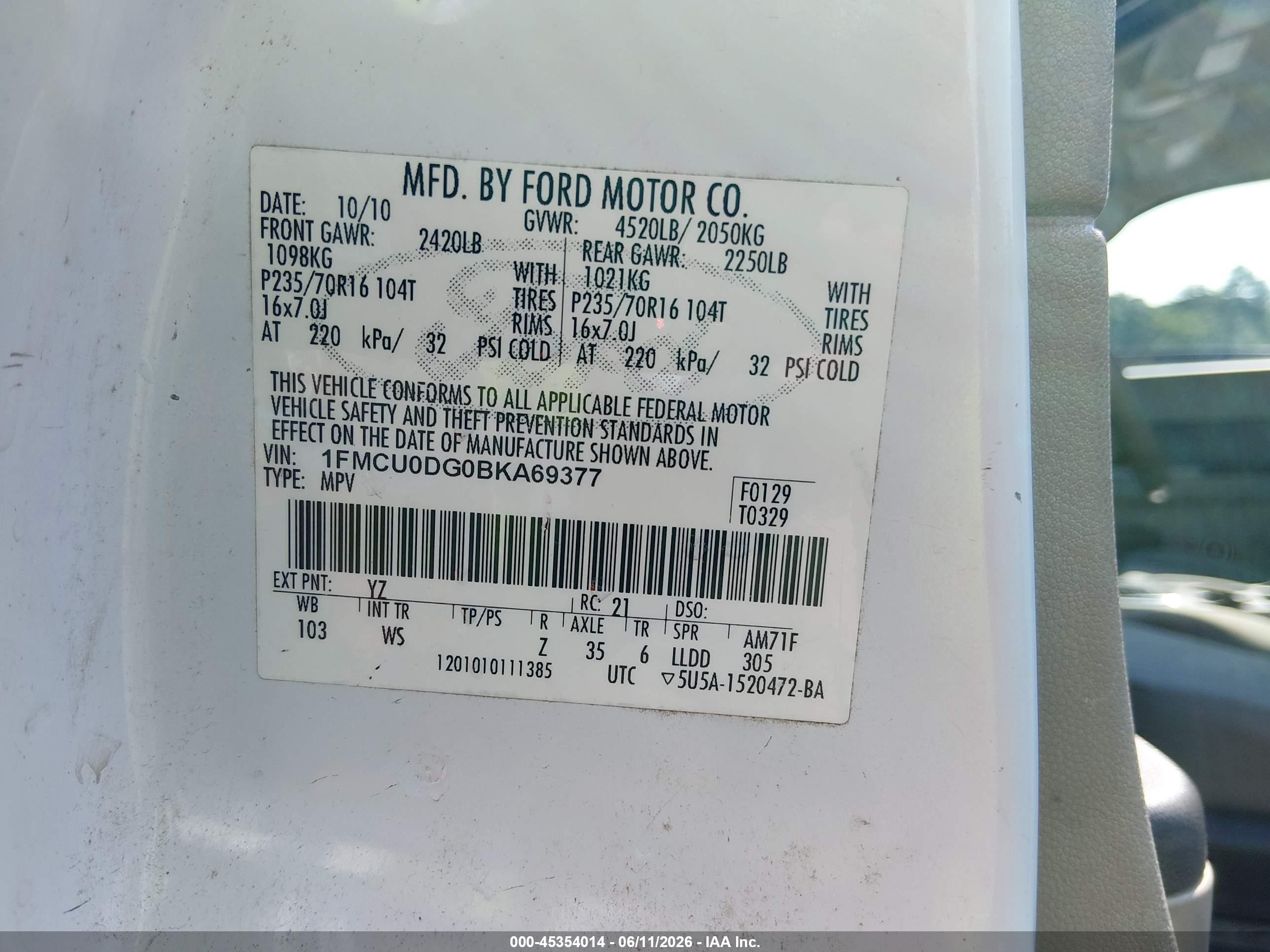 2011 Ford Escape Xlt White vin: 1FMCU0DG0BKA69377