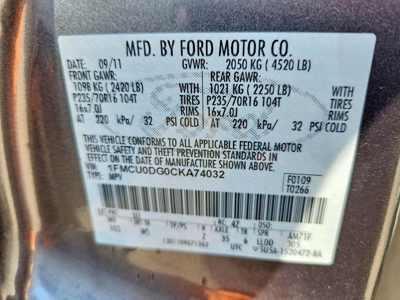 2012 Ford Escape Xlt Gray vin: 1FMCU0DG0CKA74032