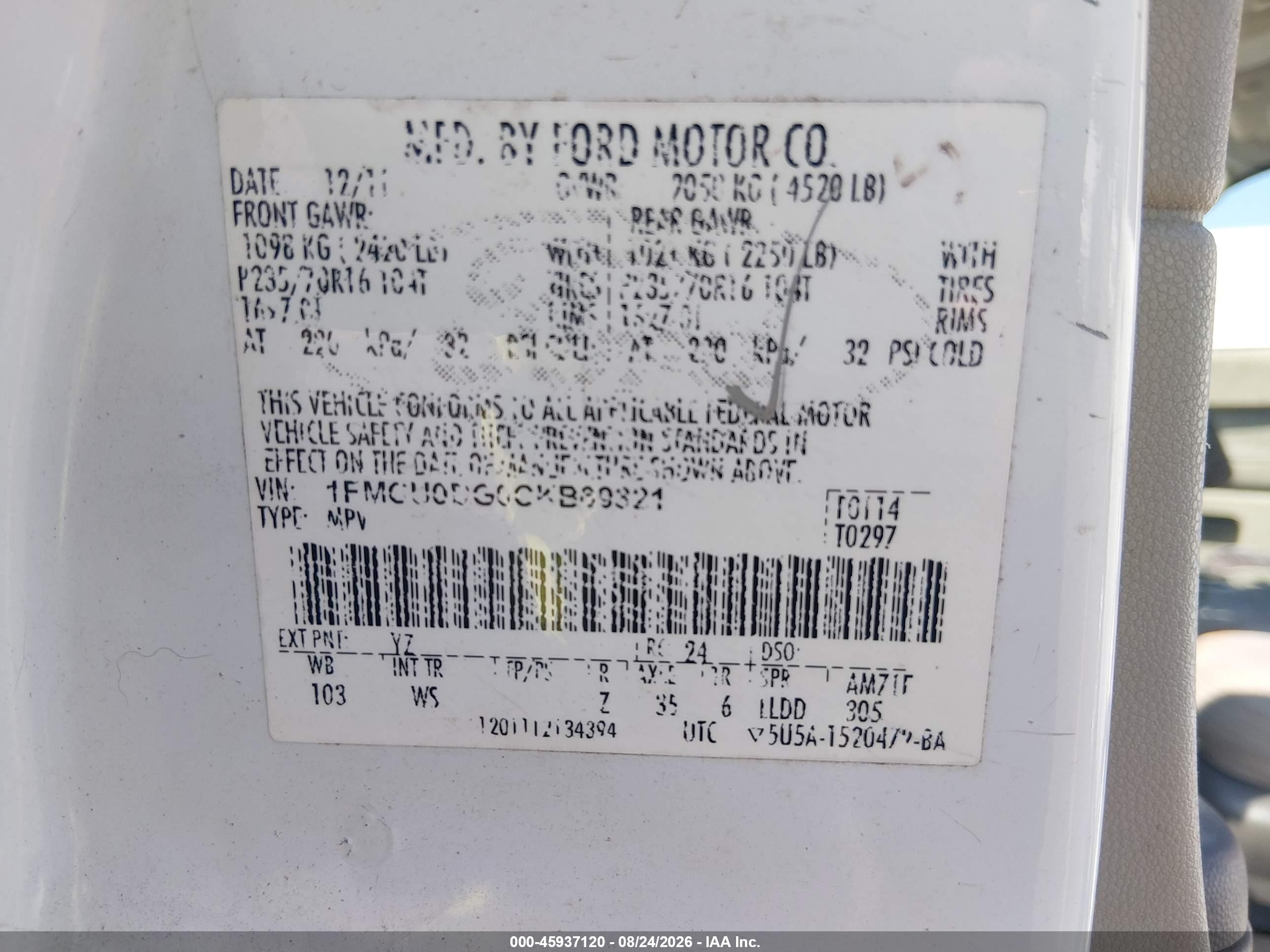 2012 Ford Escape Xlt White vin: 1FMCU0DG0CKB69321