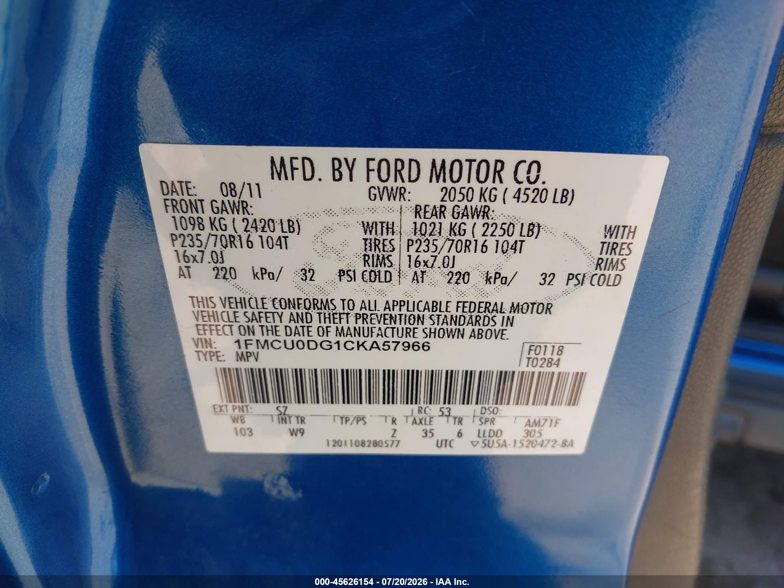 2012 Ford Escape Xlt Blue vin: 1FMCU0DG1CKA57966