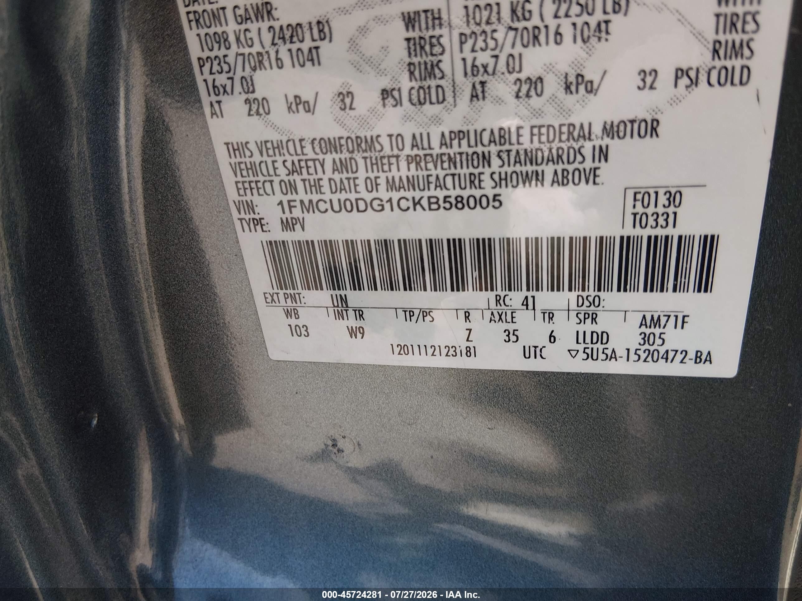 2012 Ford Escape Xlt Blue vin: 1FMCU0DG1CKB58005
