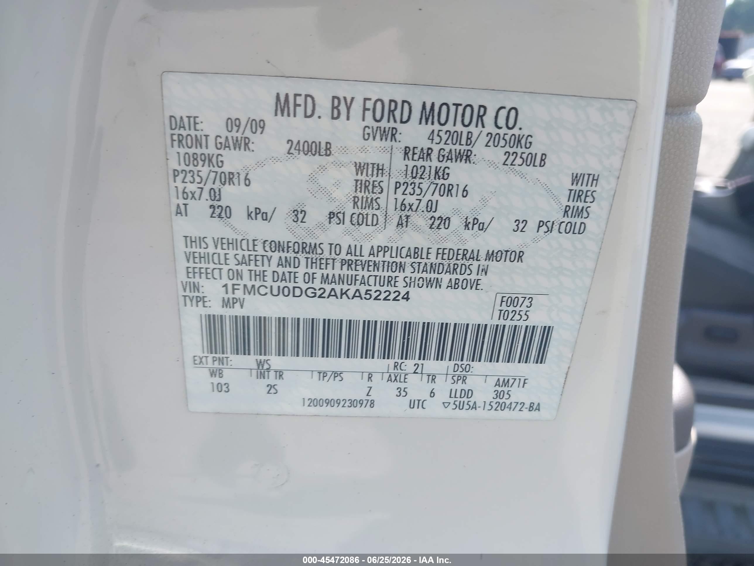 2010 Ford Escape Xlt White vin: 1FMCU0DG2AKA52224