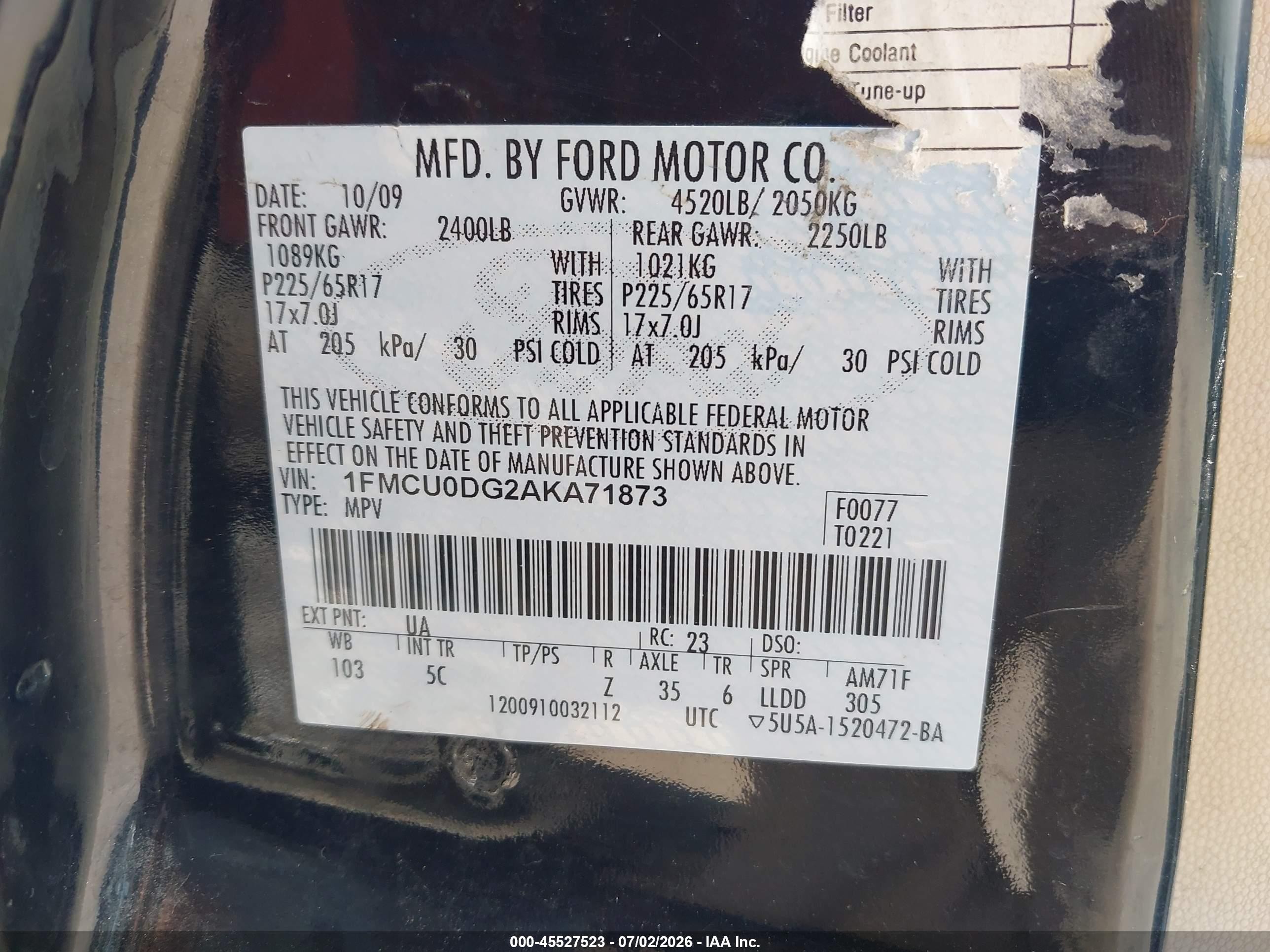 2010 Ford Escape Xlt Black vin: 1FMCU0DG2AKA71873