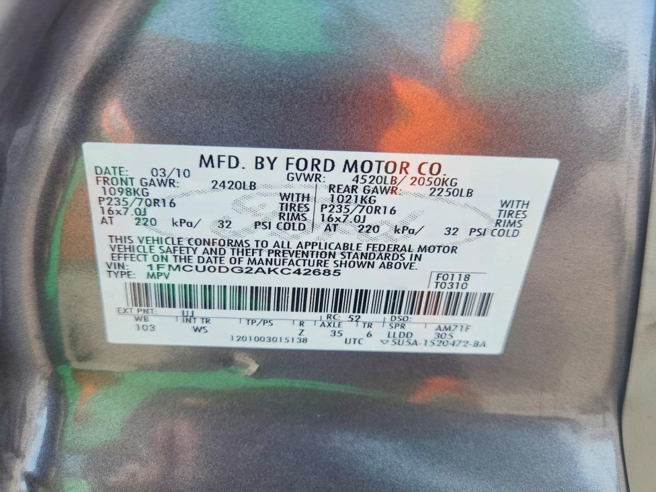2010 Ford Escape Xlt Gray vin: 1FMCU0DG2AKC42685