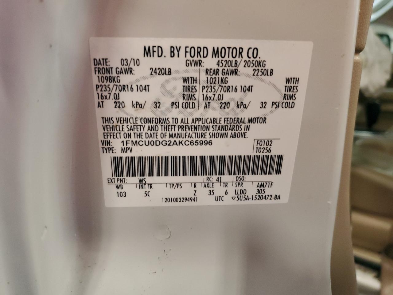 2010 Ford Escape Xlt Белый vin: 1FMCU0DG2AKC65996
