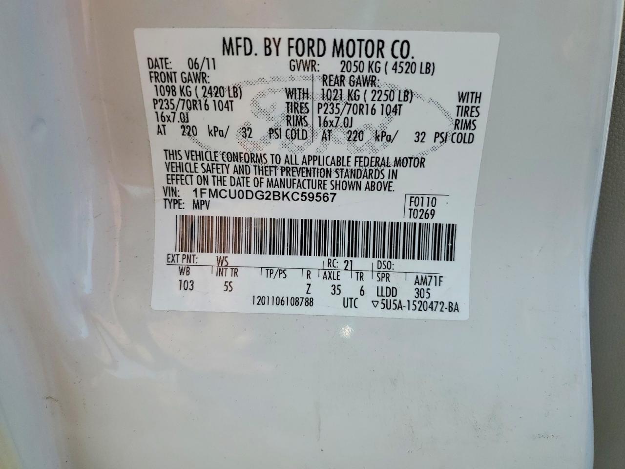 2011 Ford Escape Xlt White vin: 1FMCU0DG2BKC59567