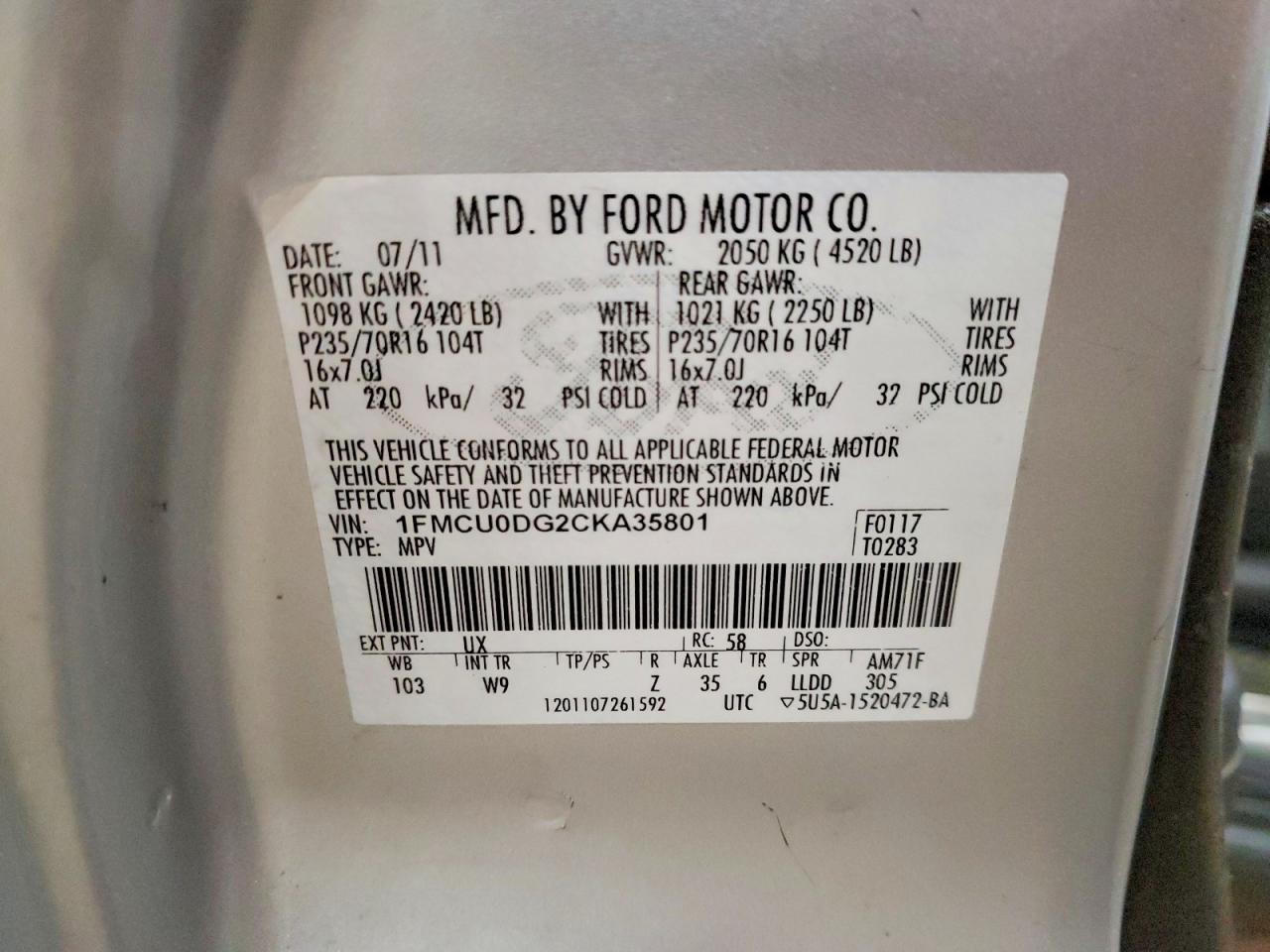 2012 Ford Escape Xlt Silver vin: 1FMCU0DG2CKA35801