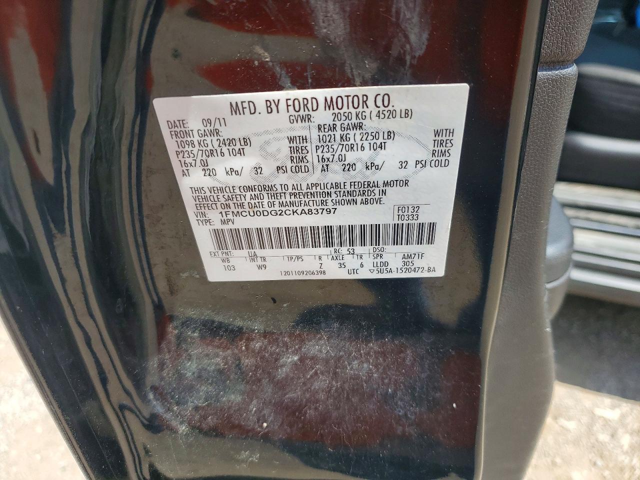 2012 Ford Escape Xlt Black vin: 1FMCU0DG2CKA83797