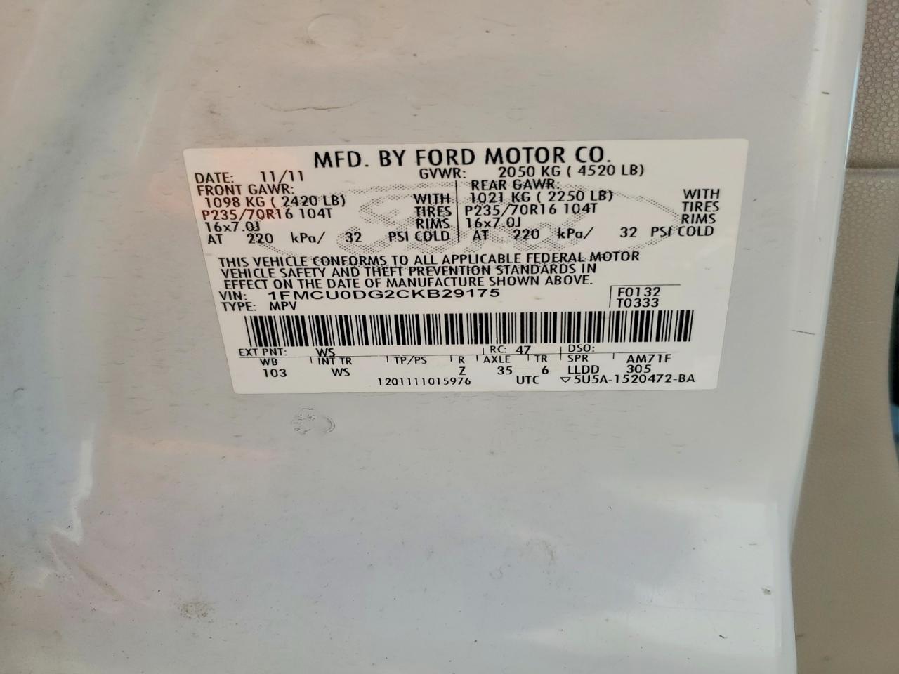 2012 Ford Escape Xlt White vin: 1FMCU0DG2CKB29175