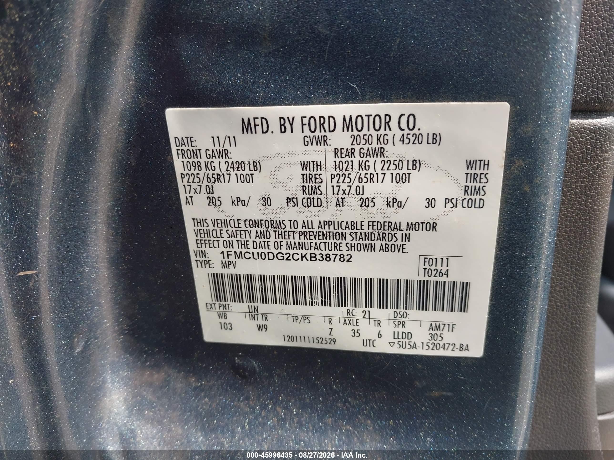 2012 Ford Escape Xlt Light Blue vin: 1FMCU0DG2CKB38782