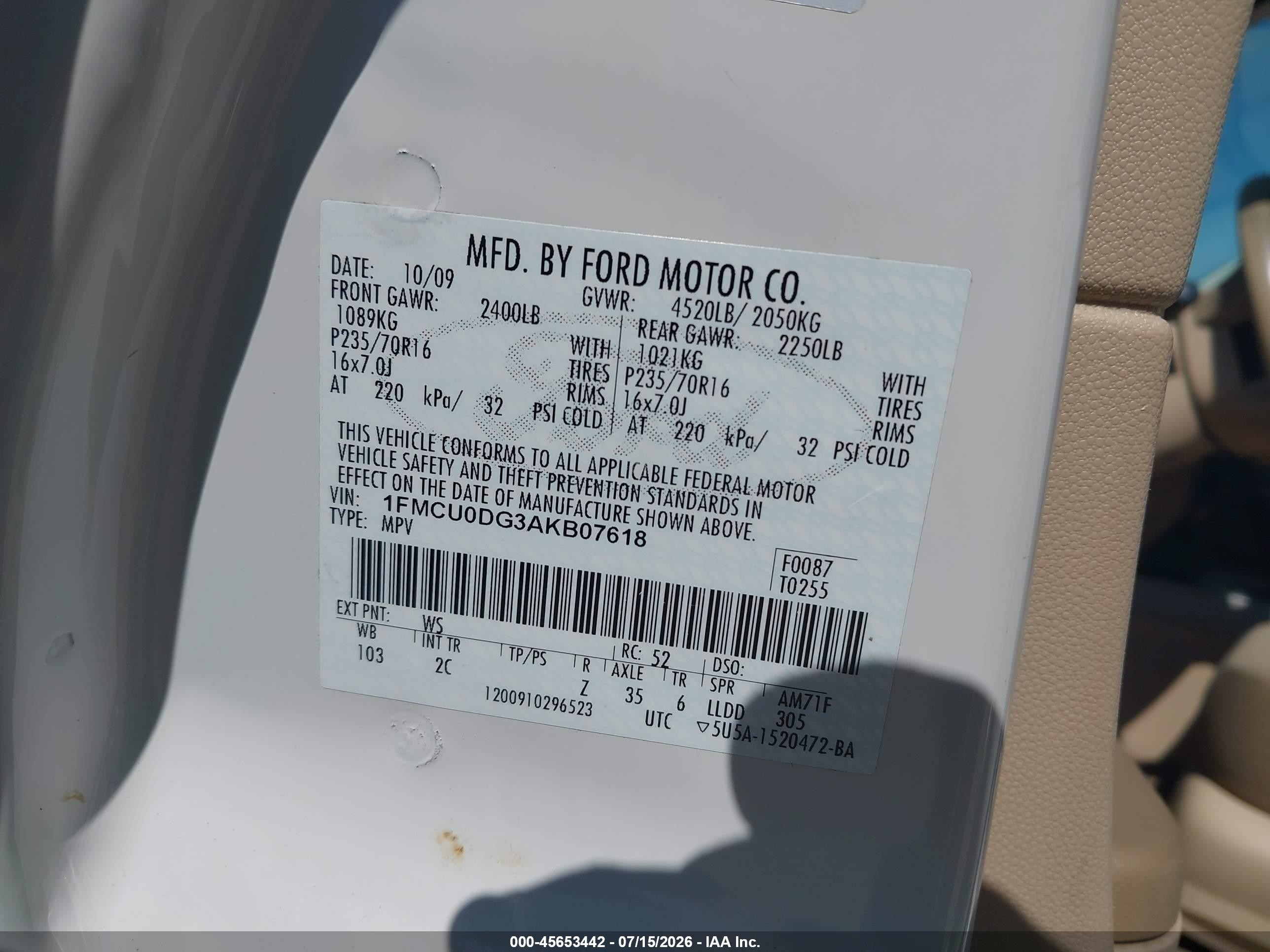 2010 Ford Escape Xlt White vin: 1FMCU0DG3AKB07618