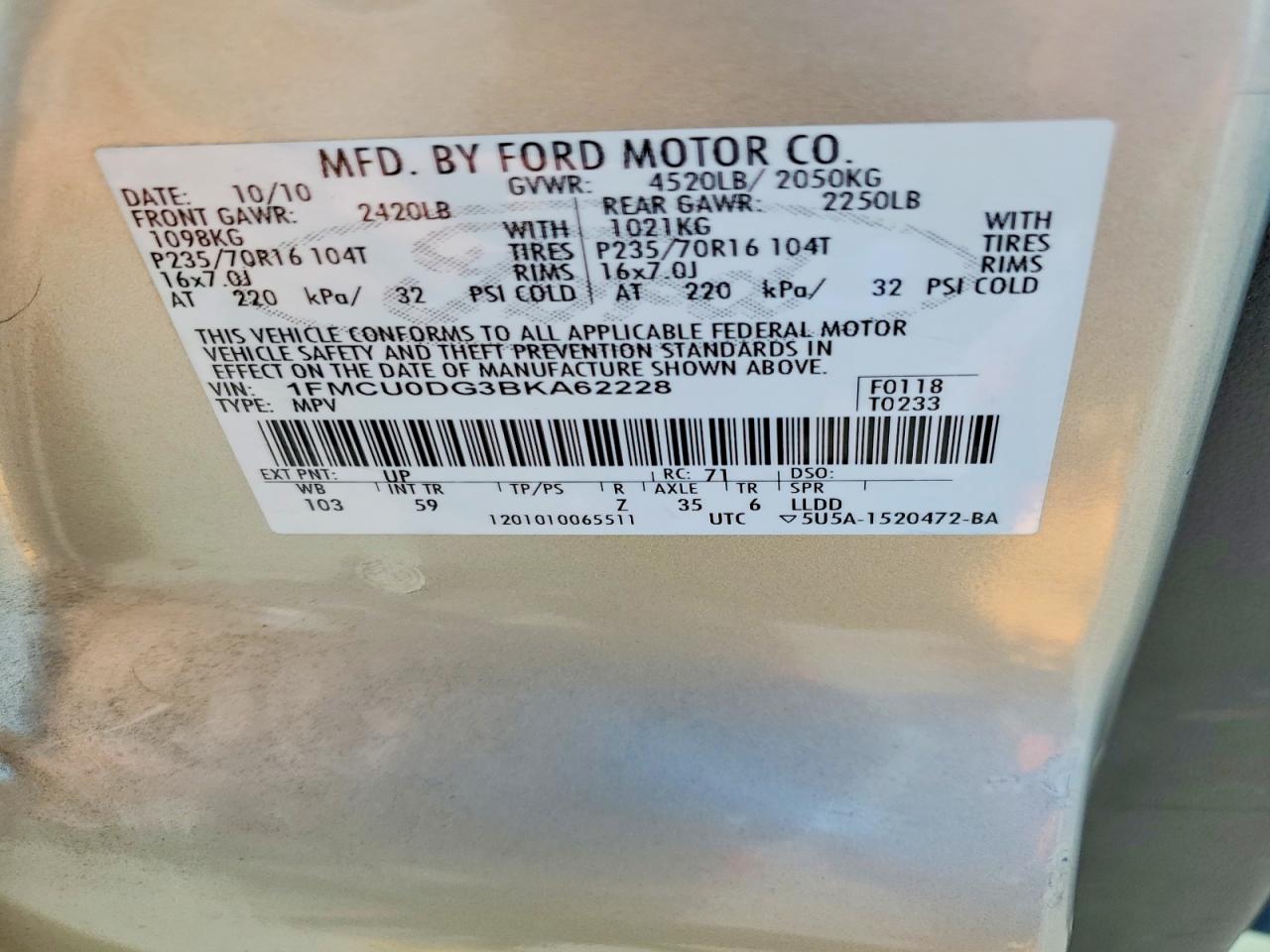 2011 Ford Escape Xlt Gold vin: 1FMCU0DG3BKA62228