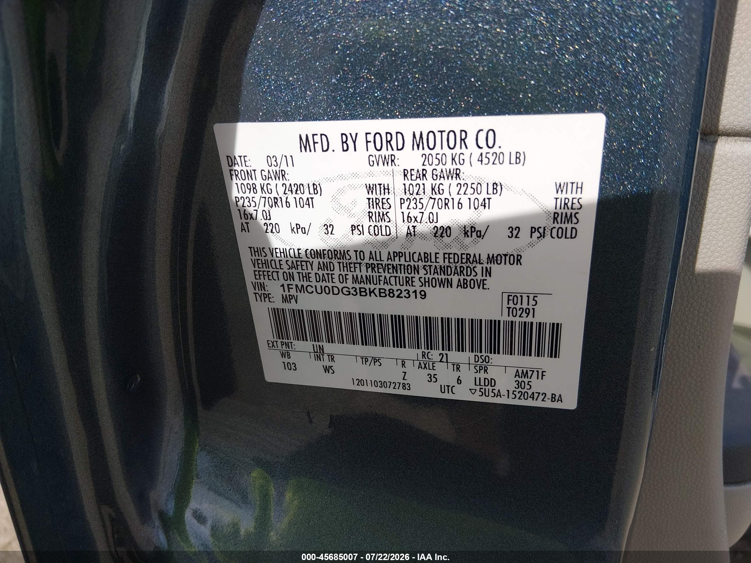 2011 Ford Escape Xlt Blue vin: 1FMCU0DG3BKB82319