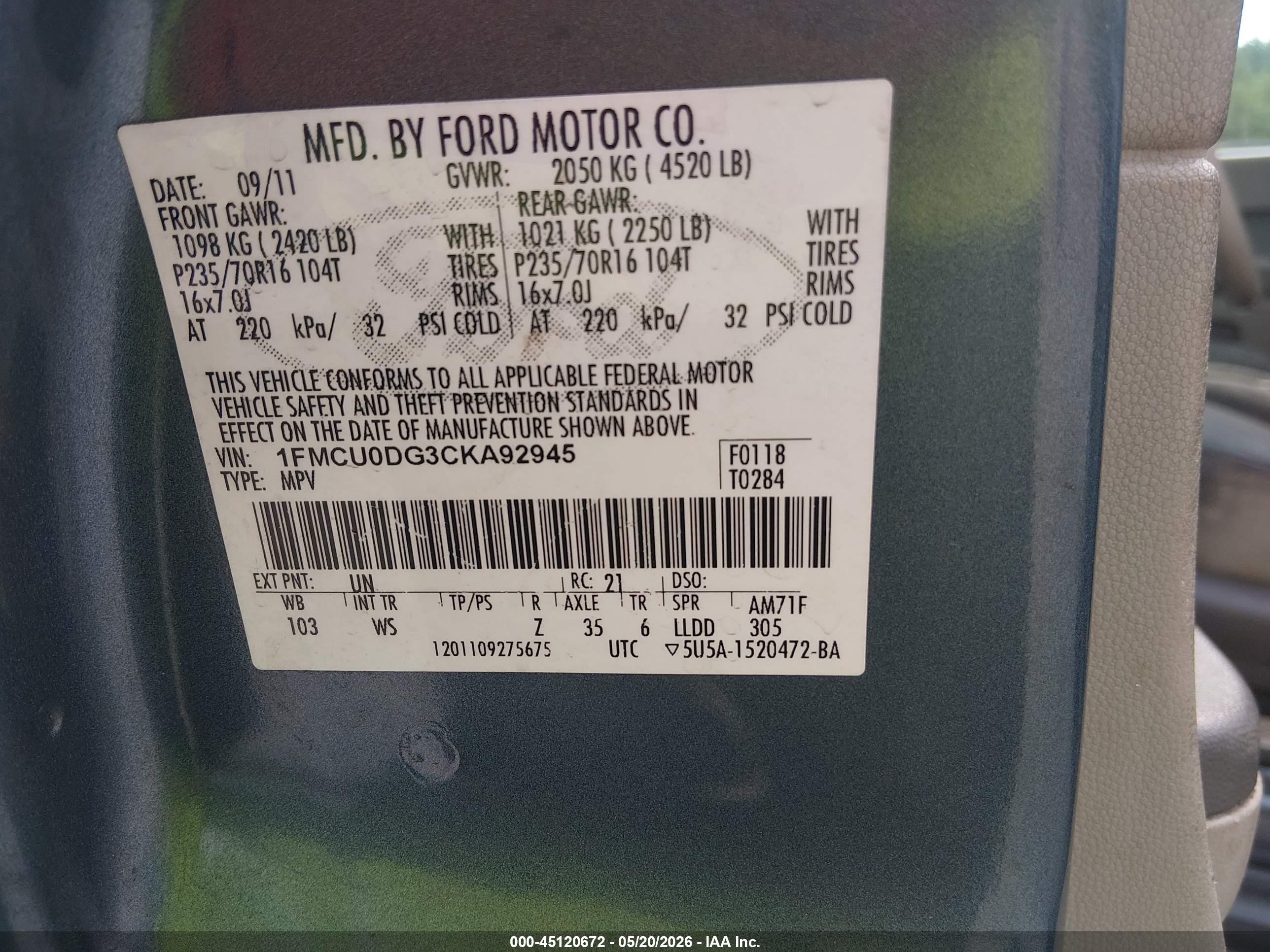 2012 Ford Escape Xlt Blue vin: 1FMCU0DG3CKA92945